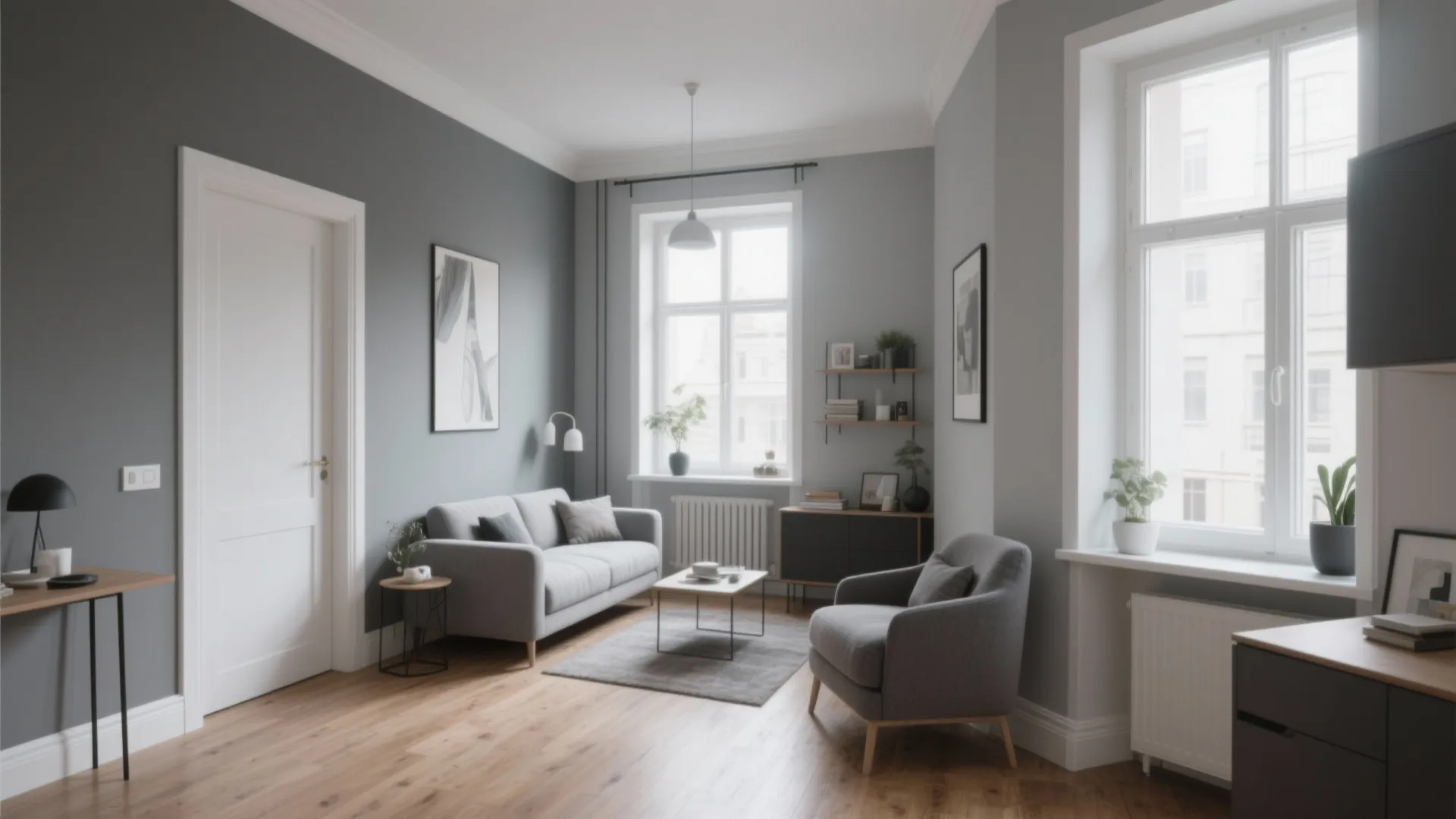 Small grey living room with grey sofa grey armchair wood floor white windows and decor