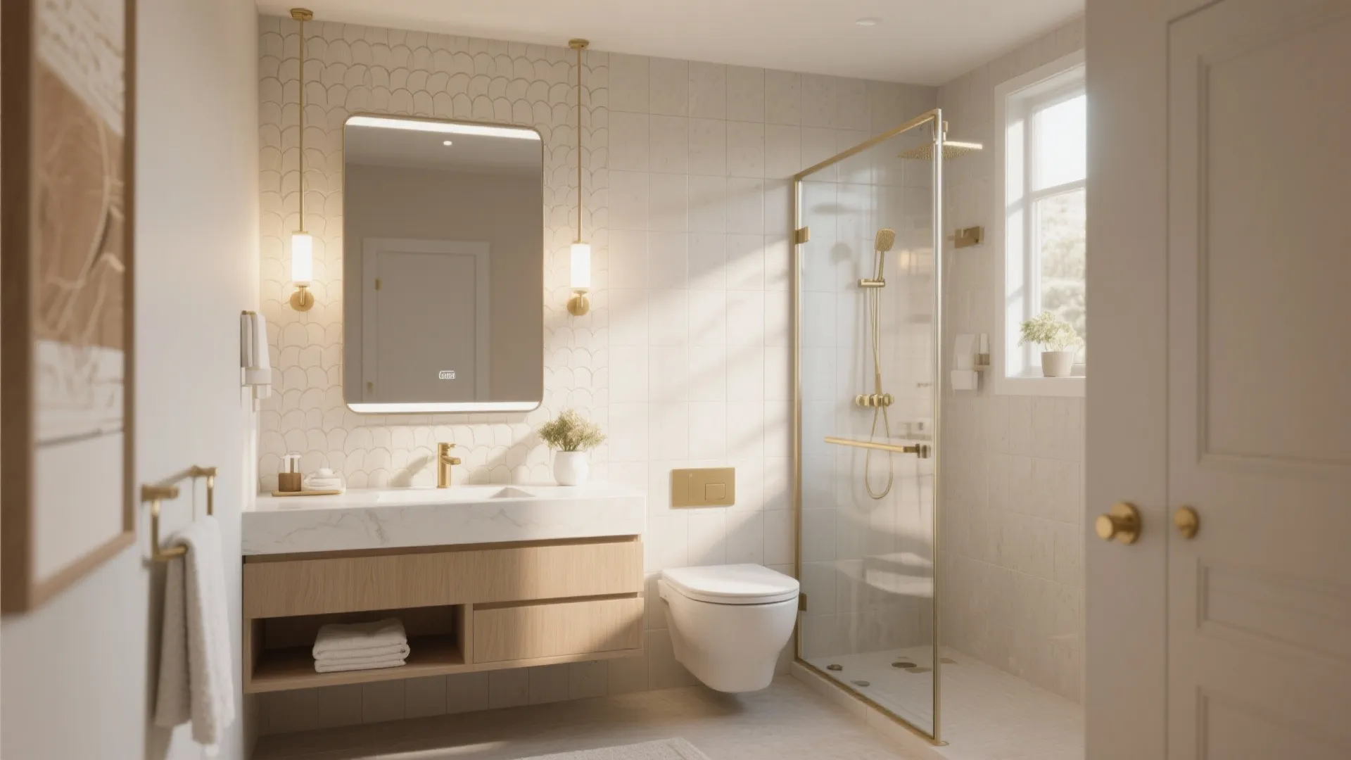 Bright bathroom featuring a glass shower door, wooden cabinet, gold light fixture, and white toilet
