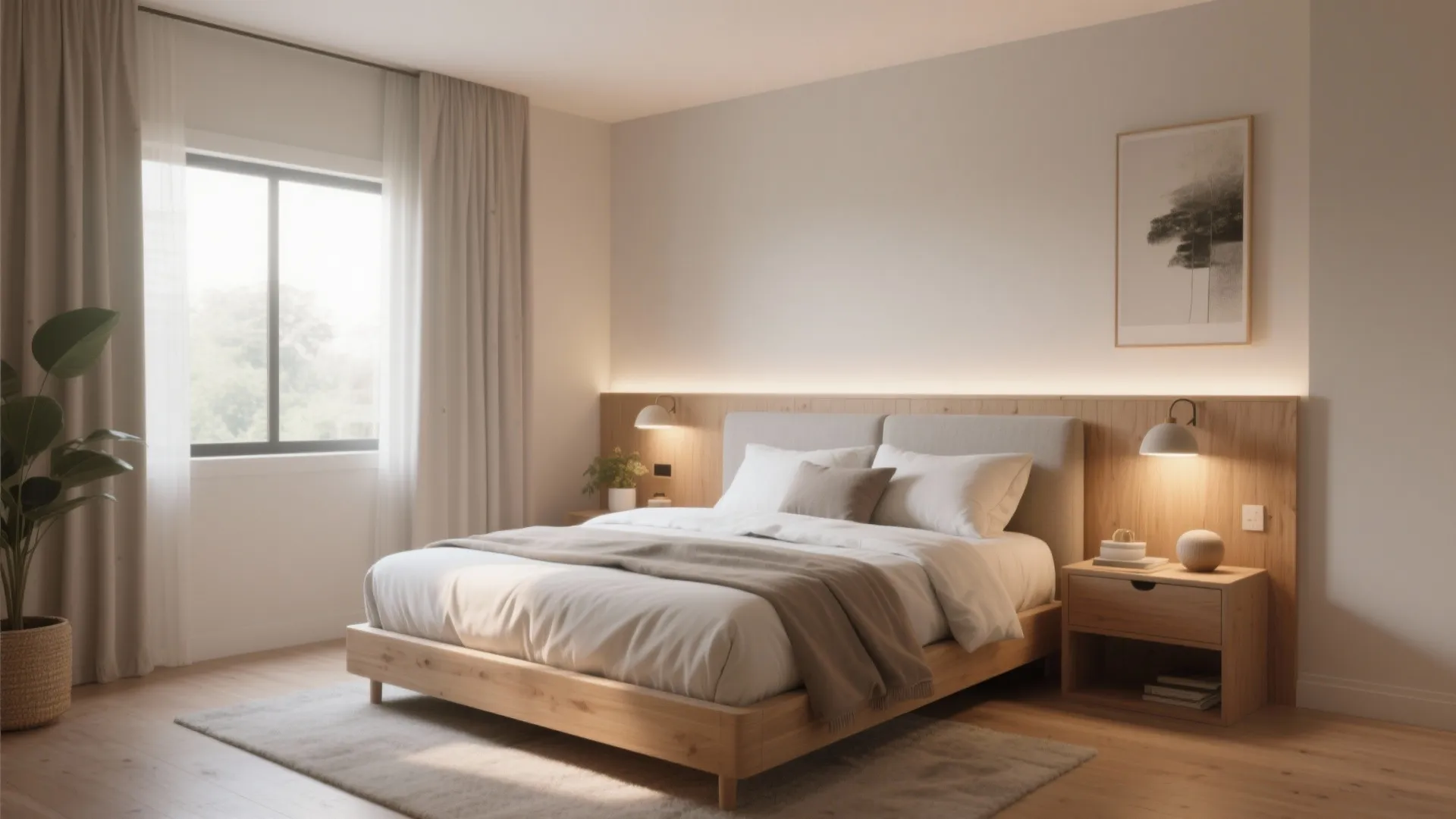 Minimalist bedroom with wooden bed frame light wall lights grey rug and large window view