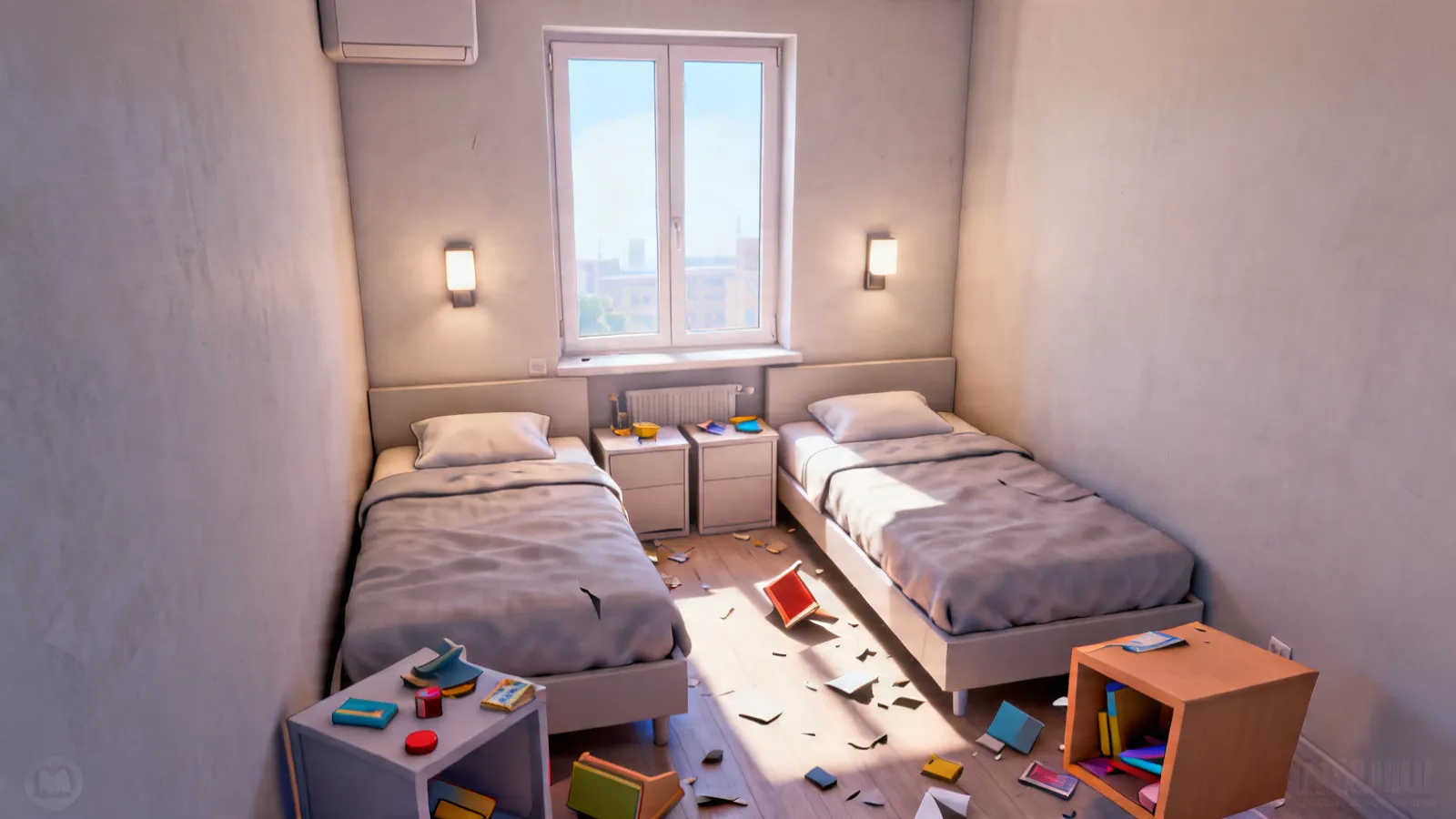 Small apartment guest room with two beds arranged in L shape