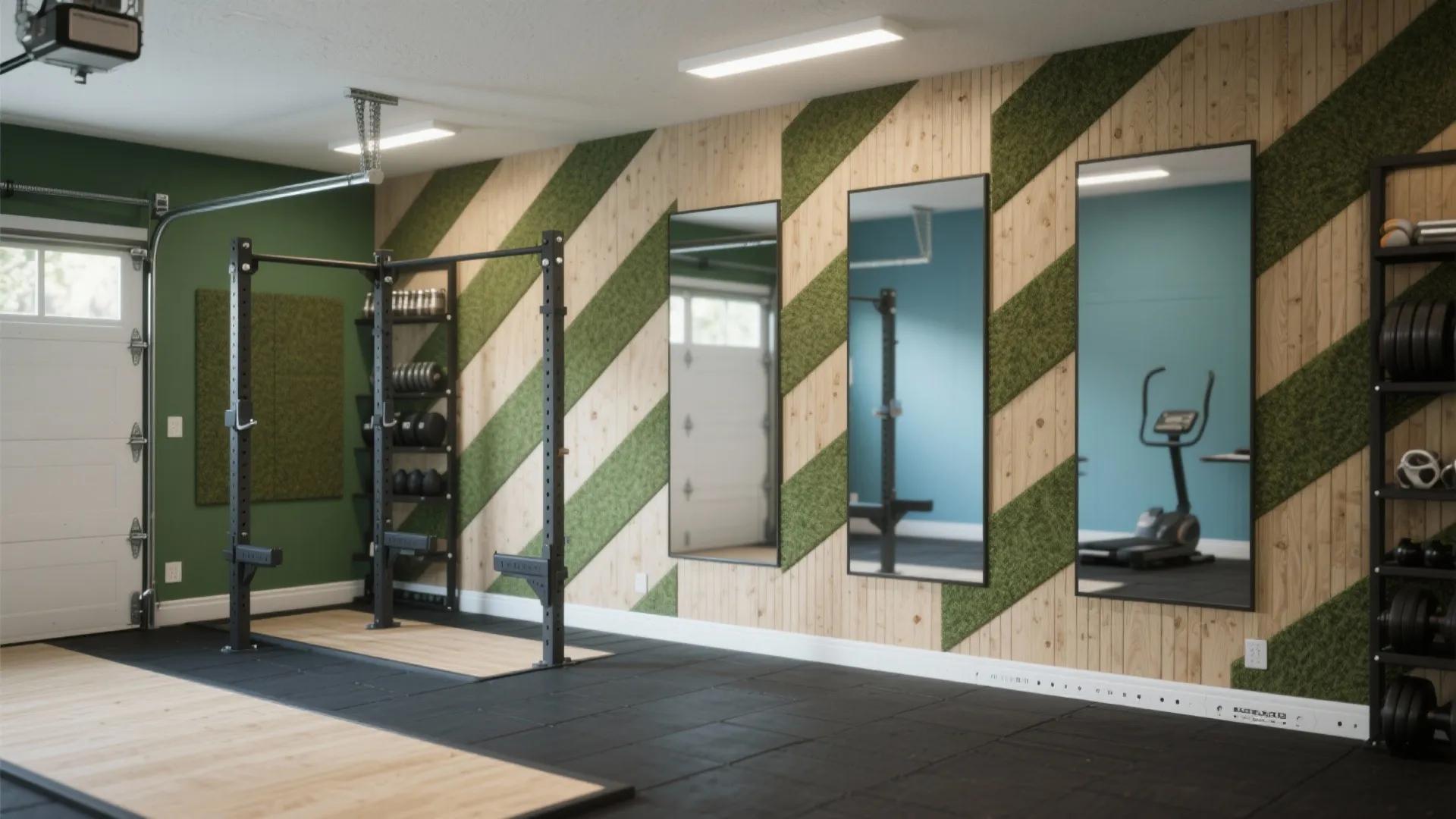 Modern home garage gym featuring green wall panels wooden accents large mirrors and black rubber flooring
