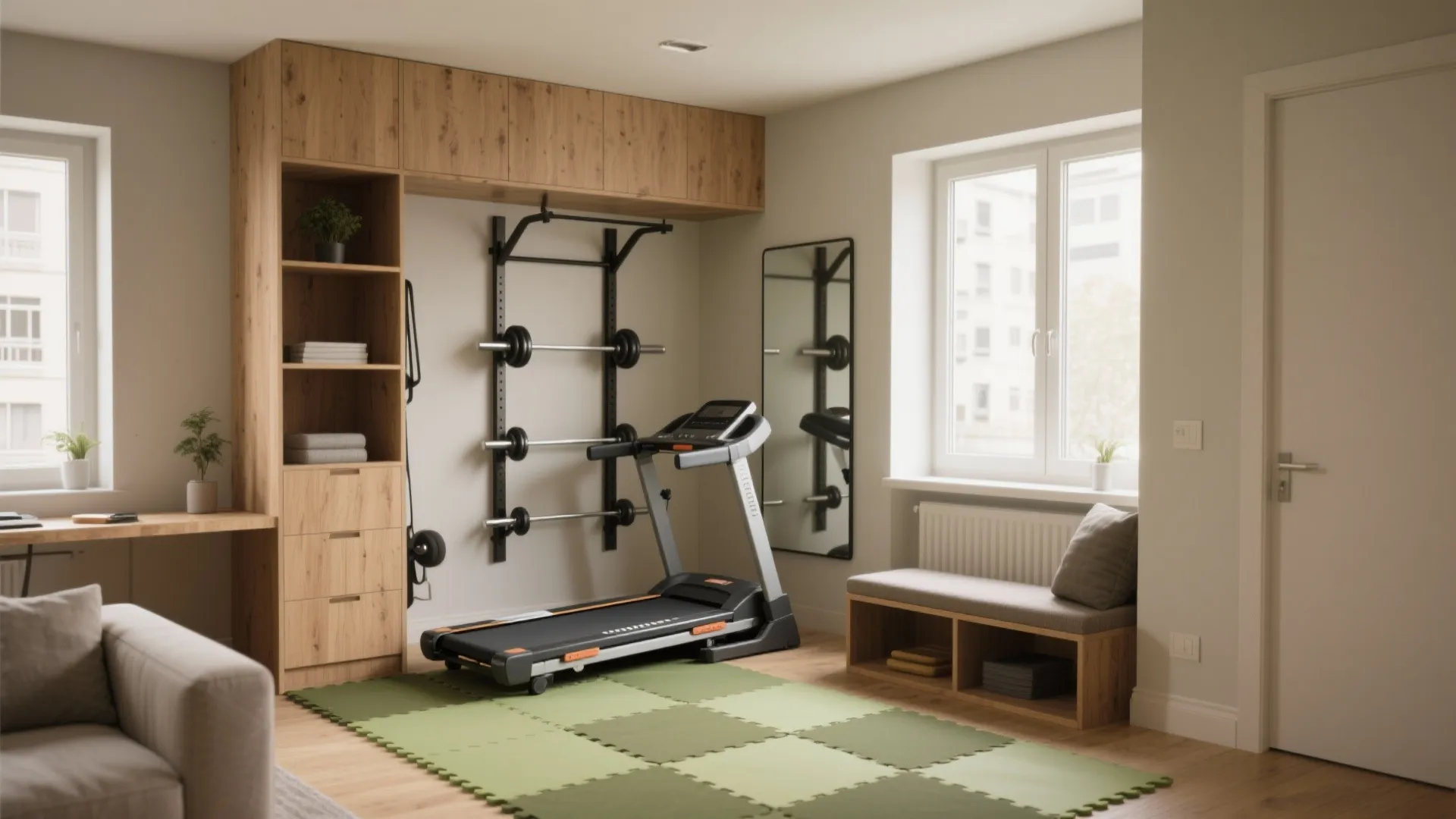 Modern home gym with a treadmill wood cabinets green floor mats and a large wall mirror