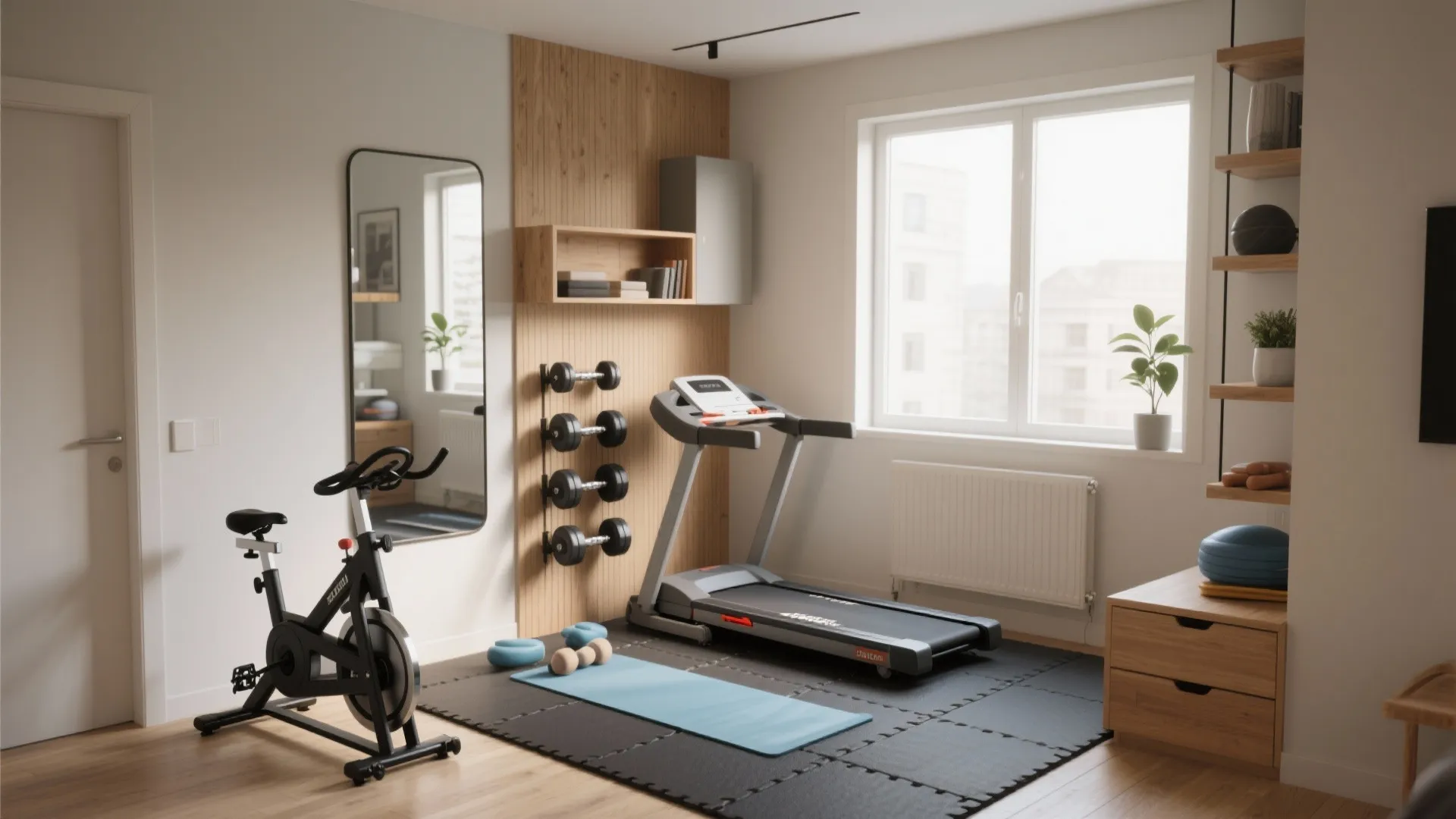 Modern home gym with a treadmill exercise bike blue yoga mat and wooden wall panels