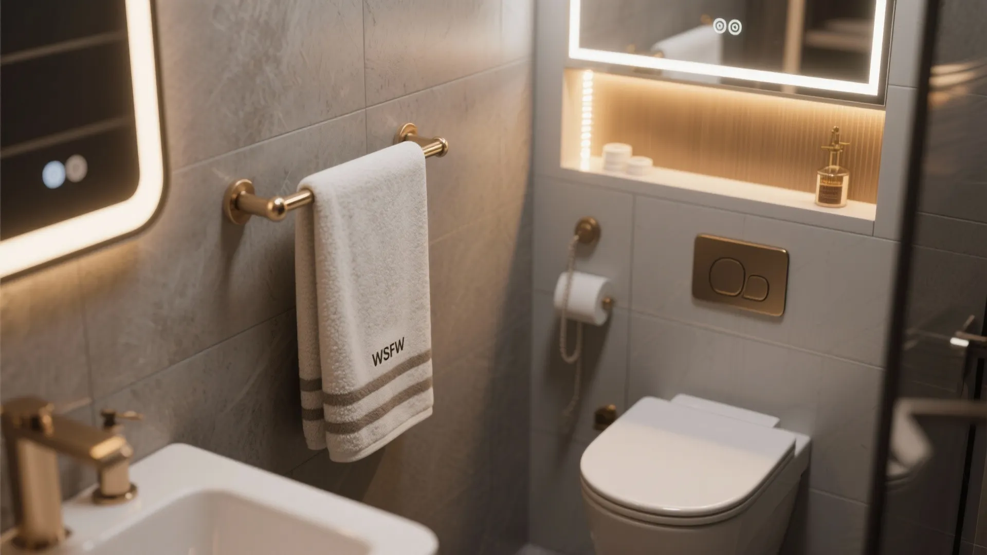 Small bathroom design with white toilet gold towel rack grey wall tiles and bright mirror