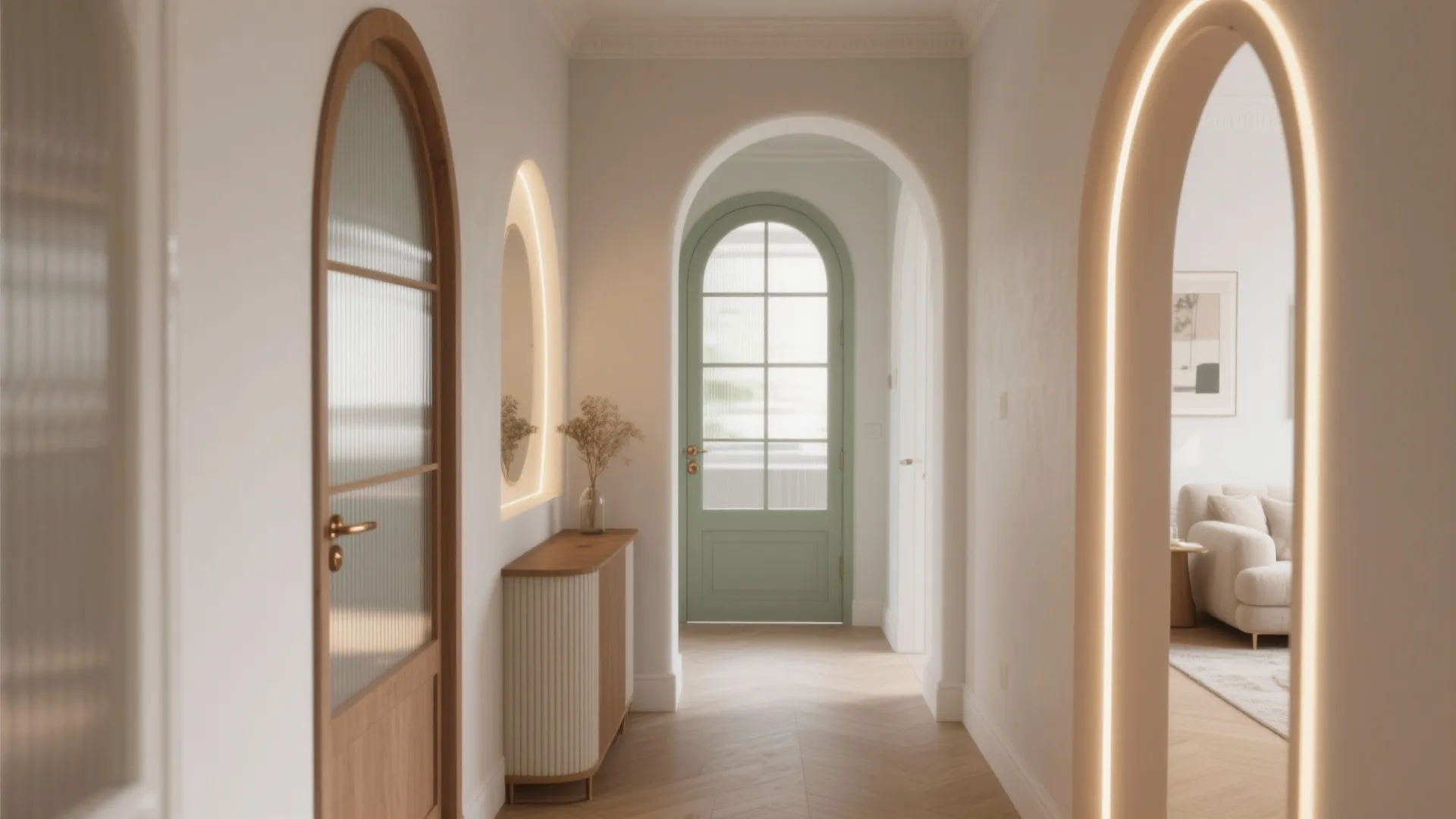 Modern hallway with wood floors cabinet green door and arched light fixtures along the white walls