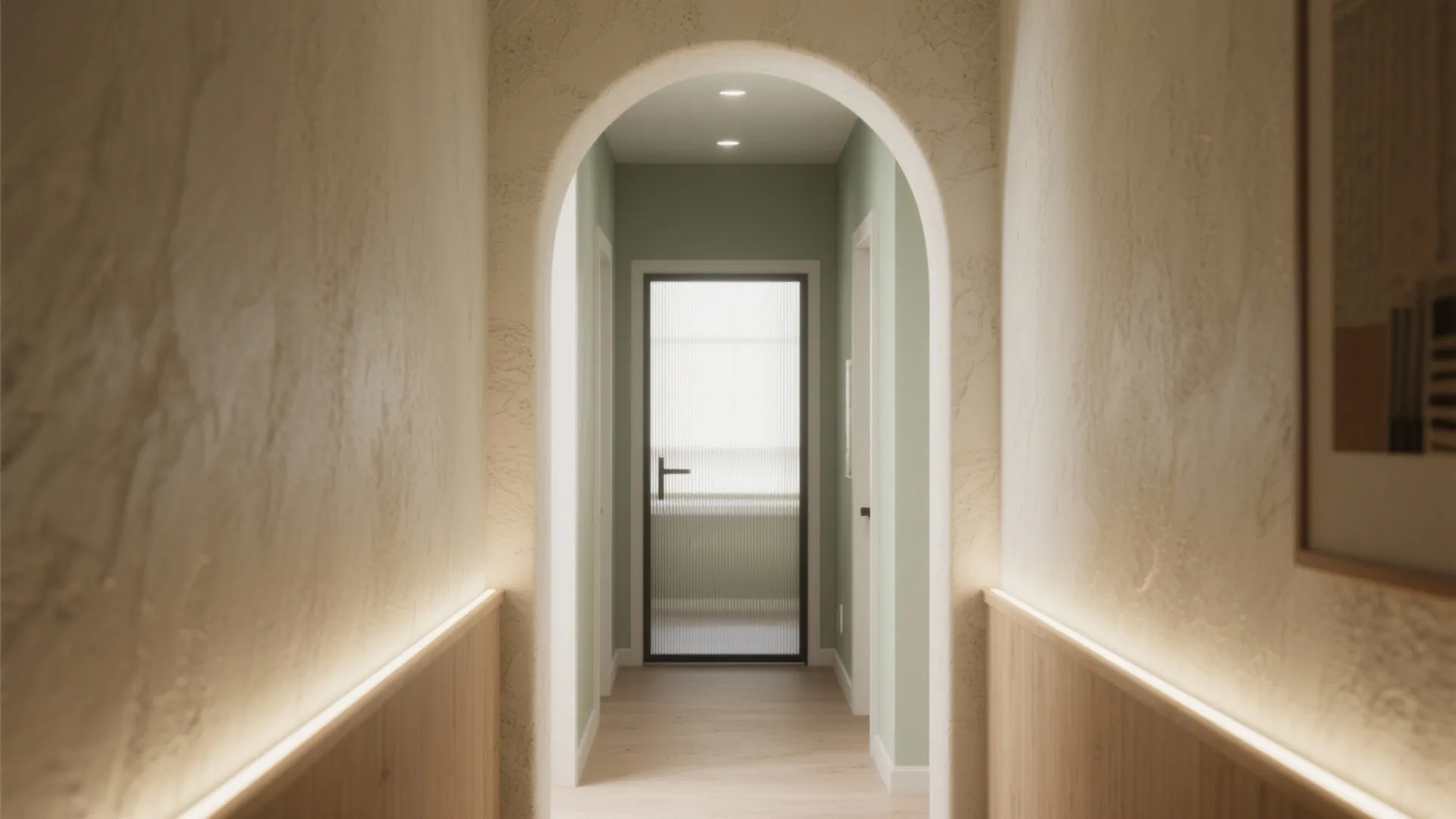 Narrow hallway with wall panel and hidden light leading to a green wall through arch