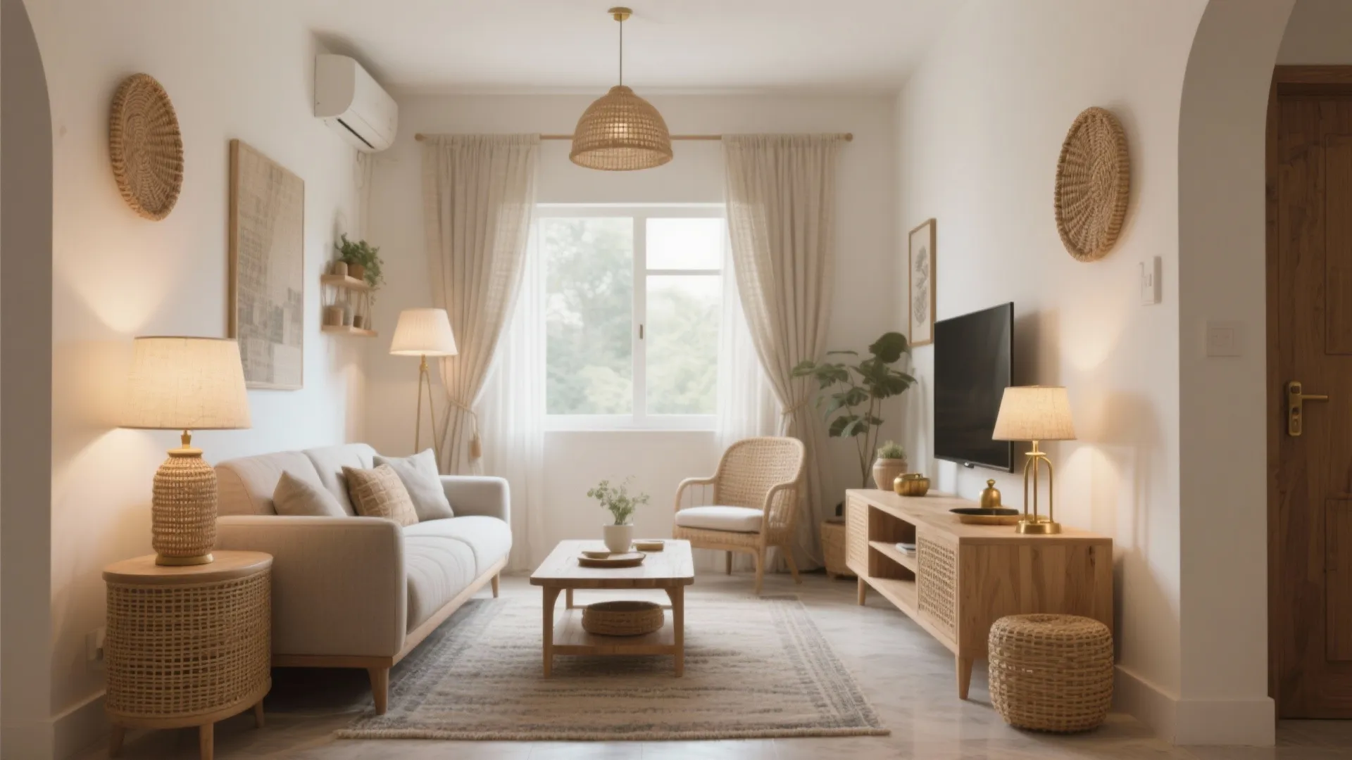 Cozy living room with beige sofa wooden cabinet ceiling light windows curtain and natural wood furniture