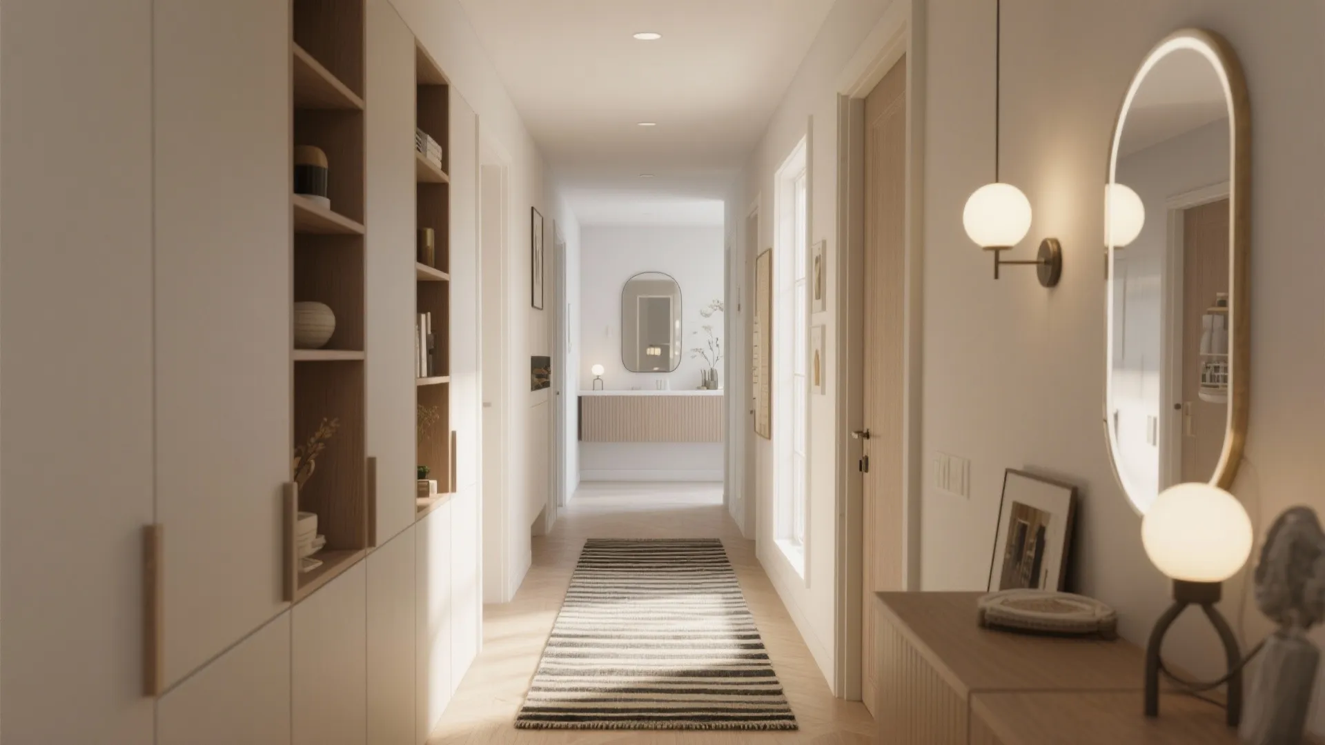 Modern narrow hallway featuring white storage cabinets, striped rug, wall light, and a round mirror