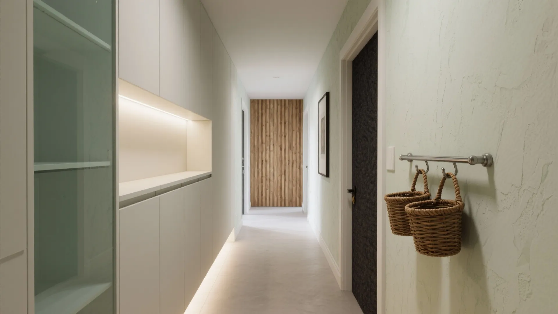 Hallway with white cabinets recessed lighting wood wall panel and woven baskets on textured wall