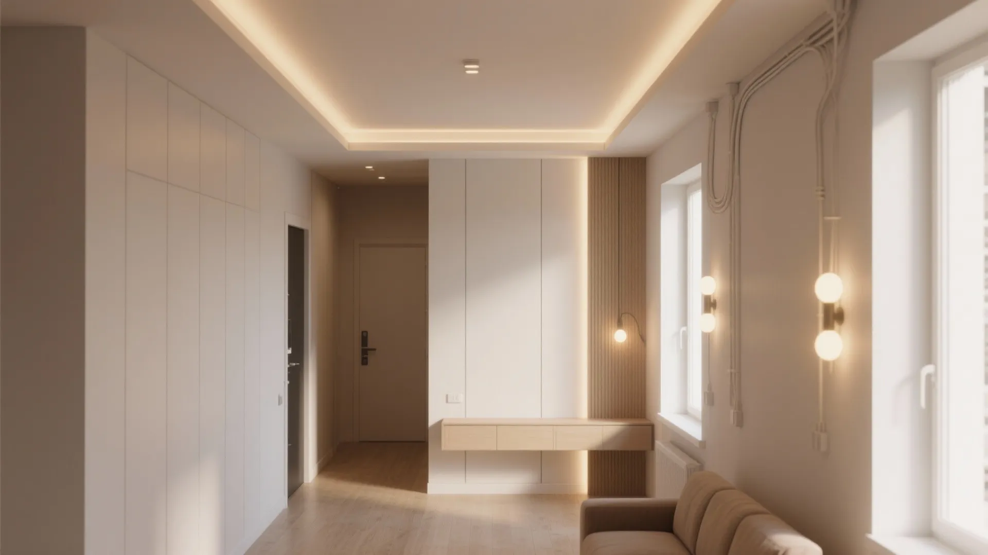 Modern hallway with white cabinets wood floor recessed ceiling lights and soft warm wall light