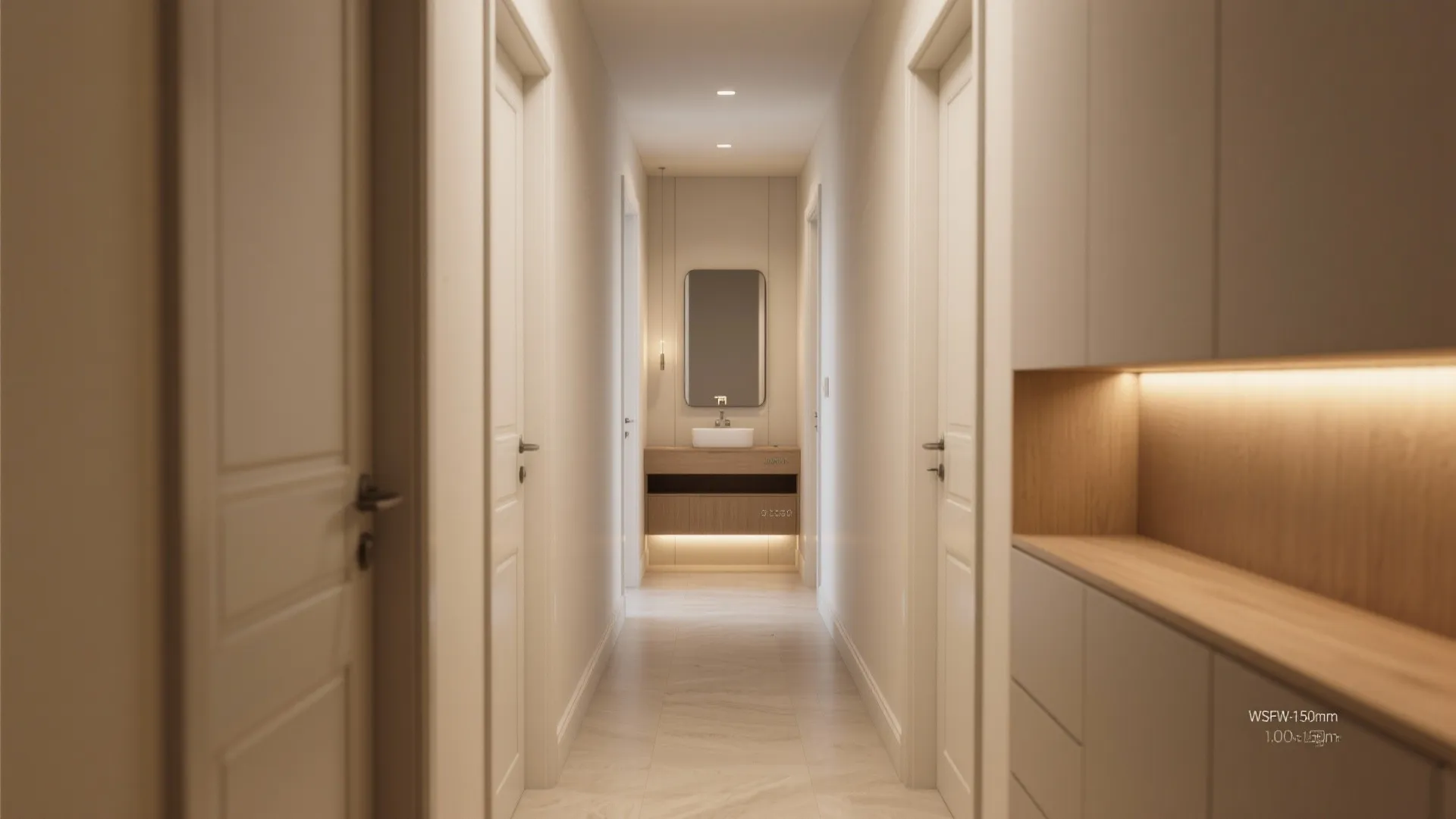 Narrow hallway showcasing shallow storage, layered lighting, warm neutrals, mirror, and directional flooring.
