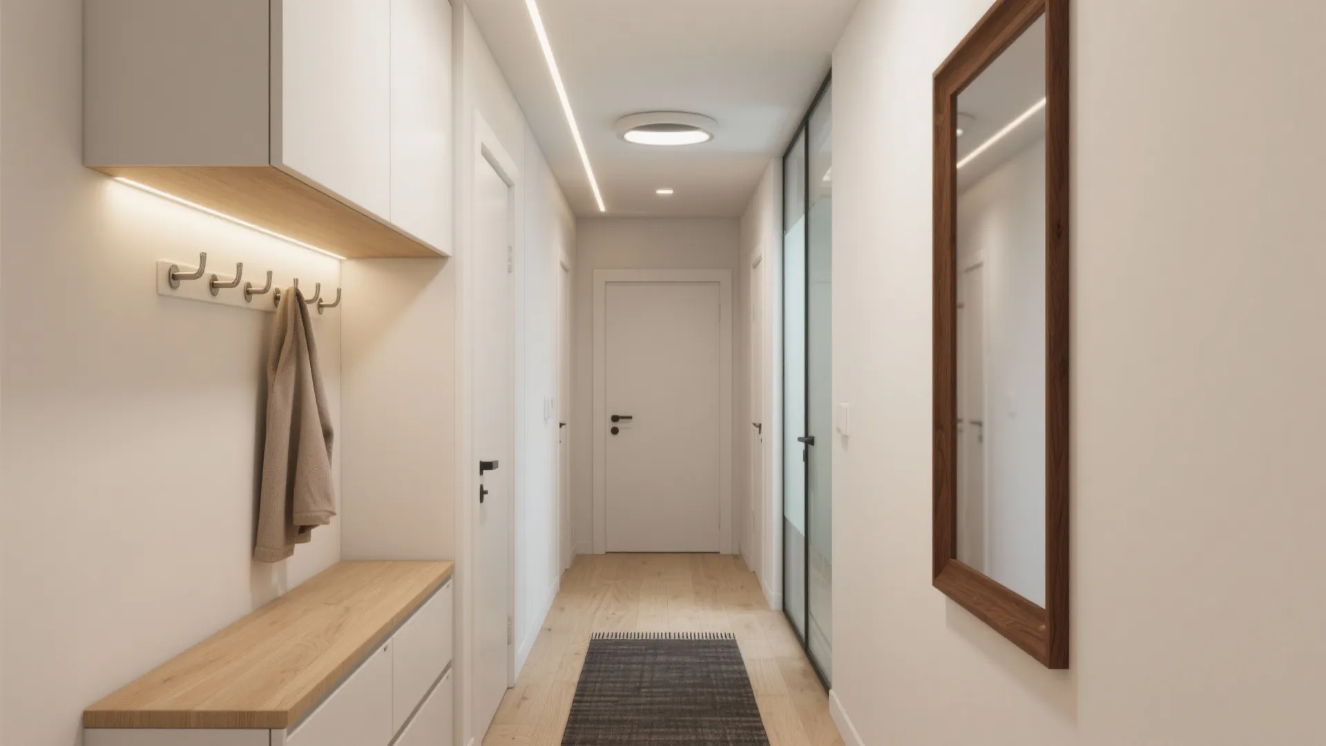 Modern white hallway with wooden floors white cabinet wood bench wall mirror and ceiling light