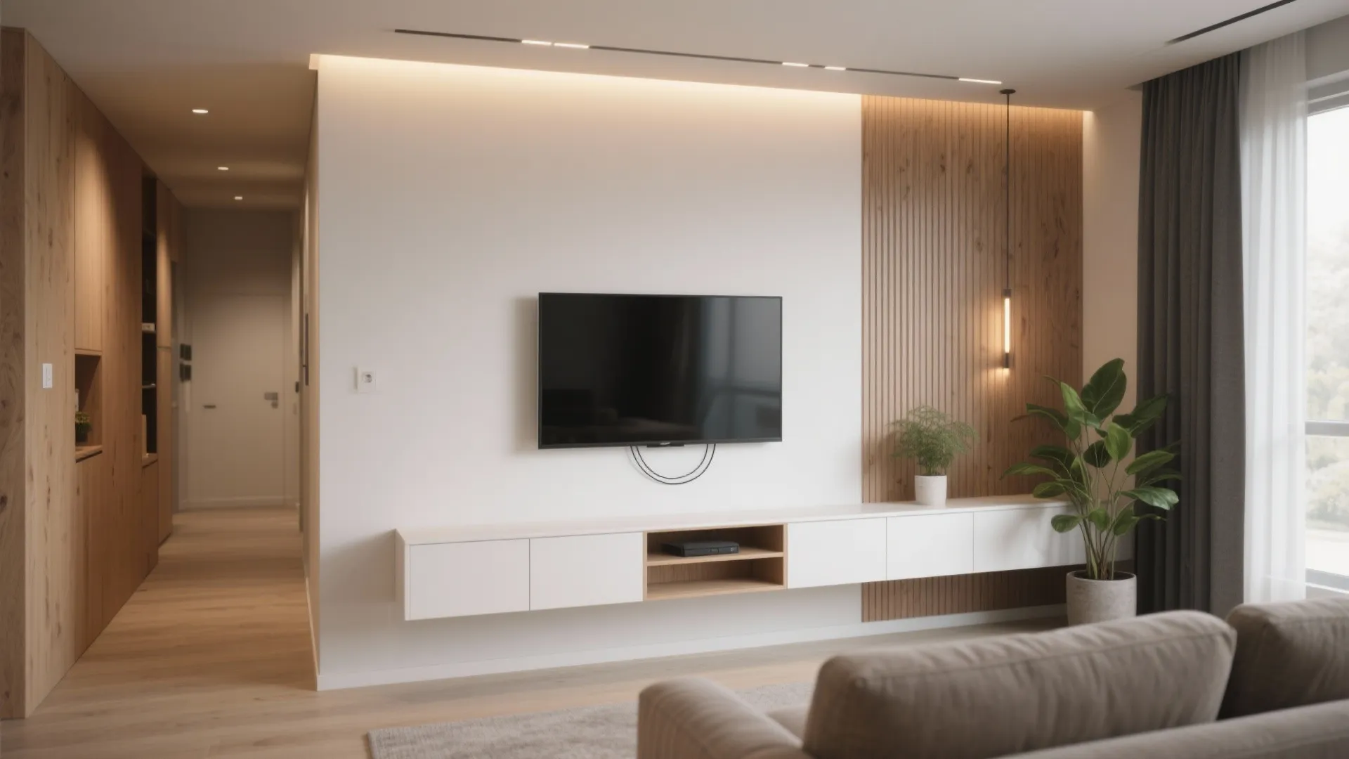 Minimalist living room design featuring television on white wall, wooden panels, and green potted plant