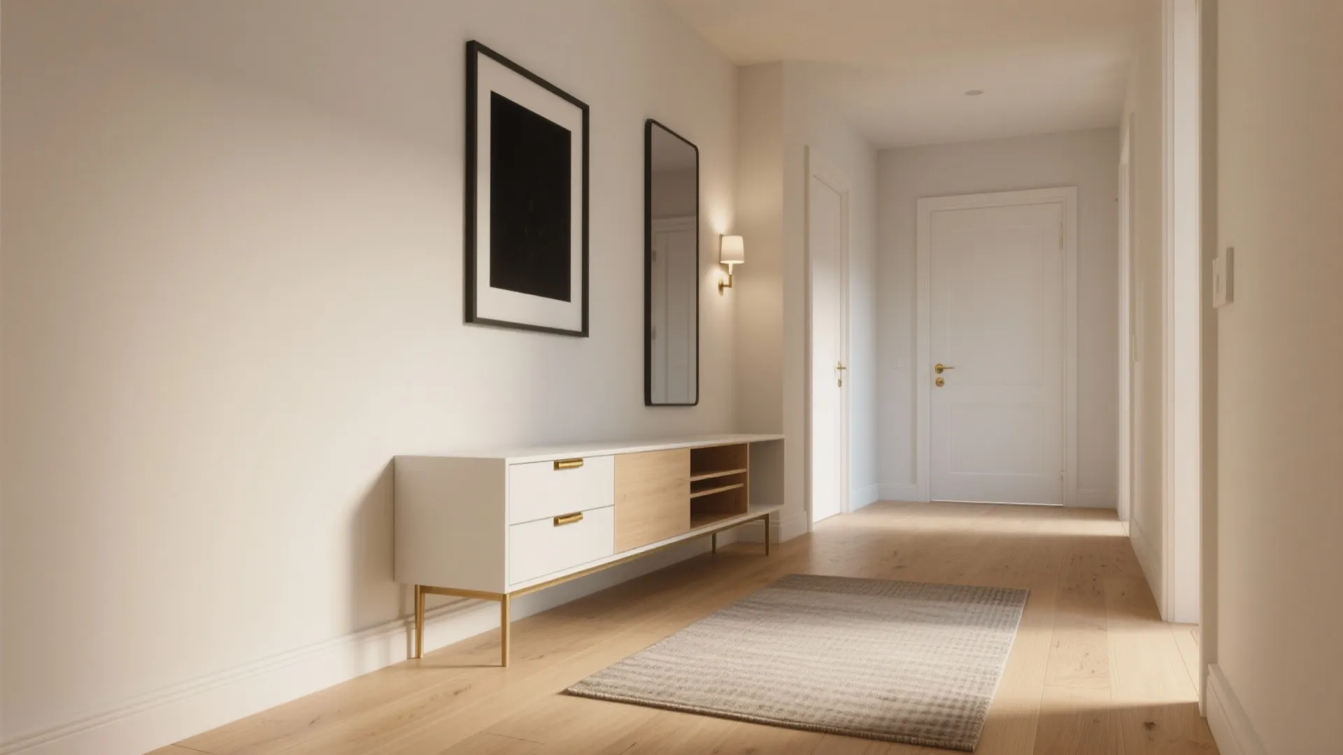Modern hallway with white cabinet, wall light, mirror, black framed art, rug, and wooden floor