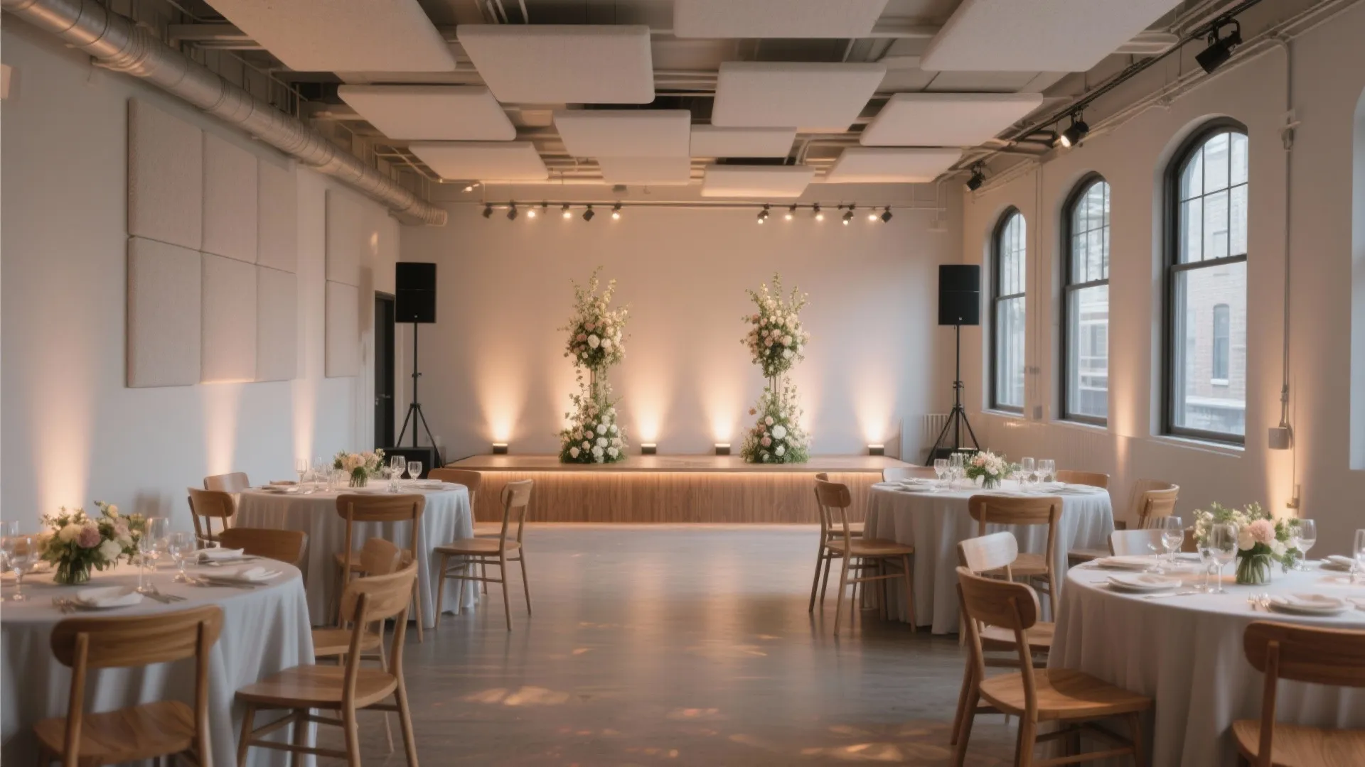 White round tables with wooden chairs and flower centerpieces in a modern event hall space