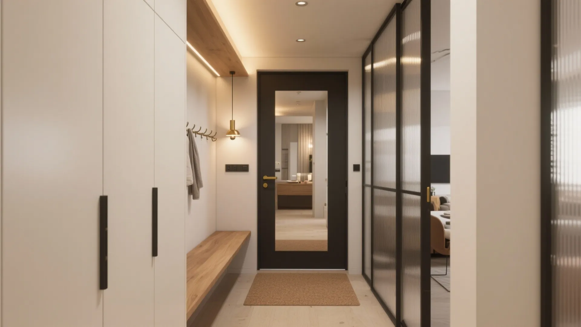 Modern hallway with white cabinets wood bench glass wall light brown rug and black door