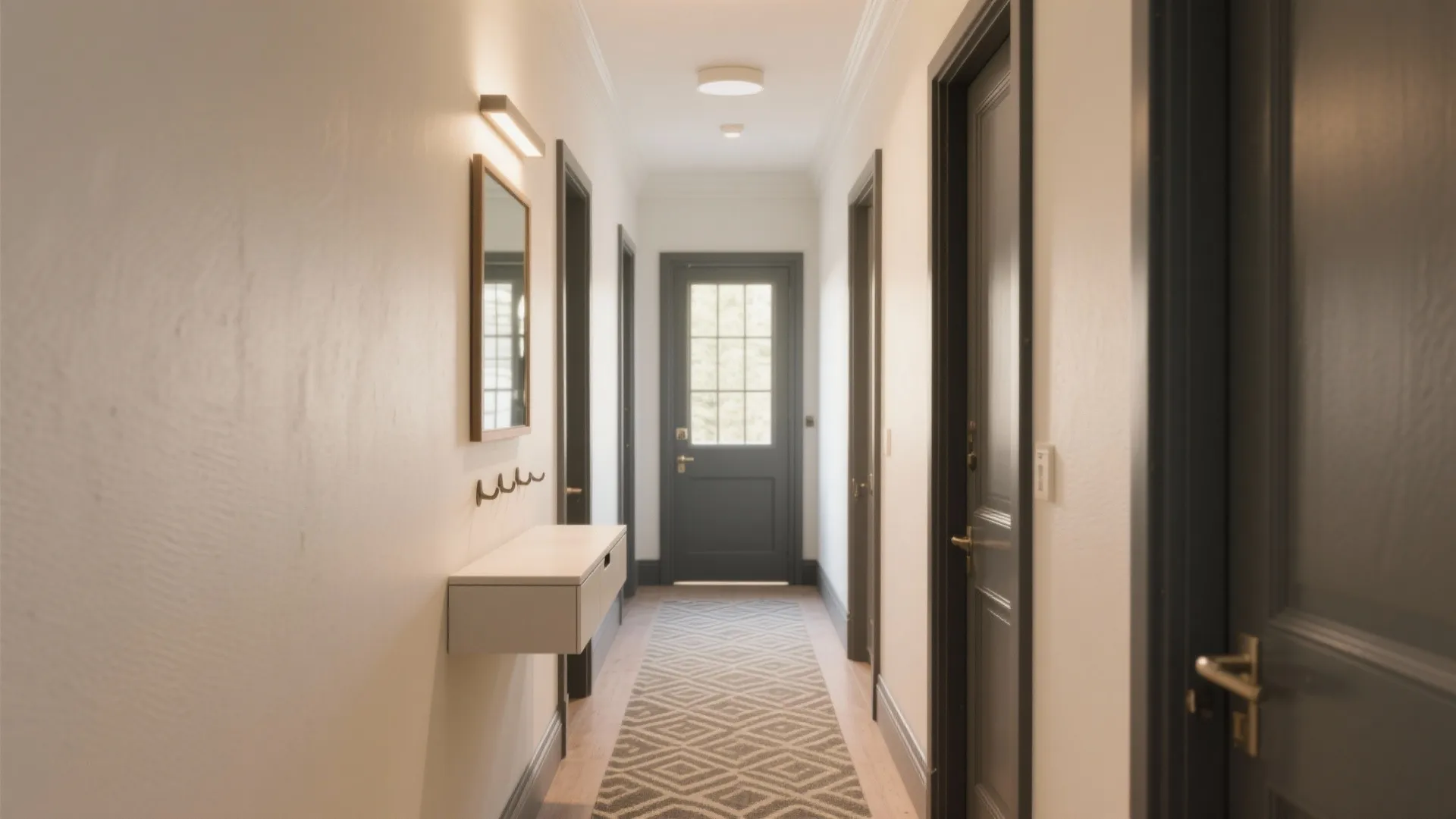 Narrow white hallway with a geometric rug small white cabinet wall mirror and black doors