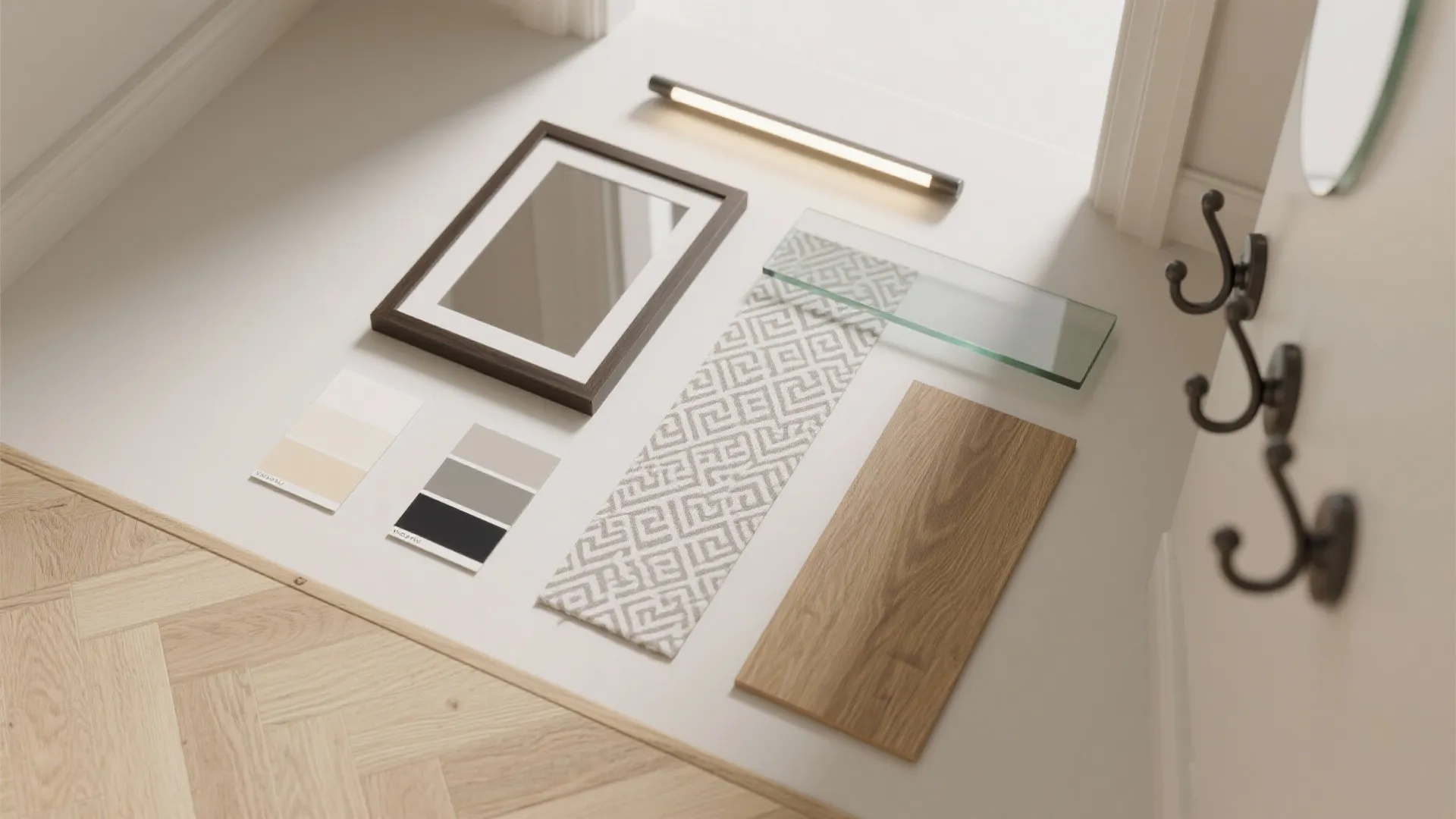 Interior design mood board with wood floor sample, fabric, color swatches, frame, and light fixture