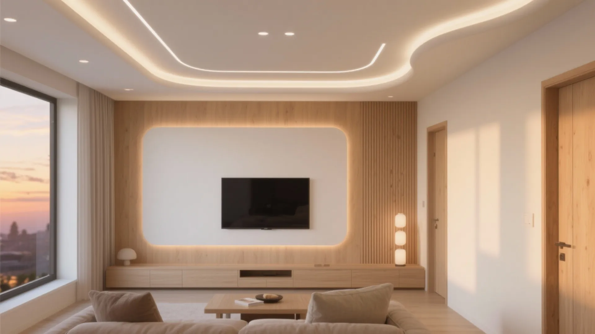 Living room with wood wall panel and TV cabinet featuring warm hidden light for decoration