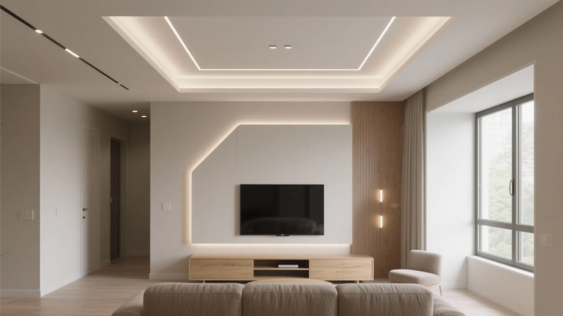 Modern living room with recessed ceiling light backlit wall panel wooden cabinet and grey fabric sofa