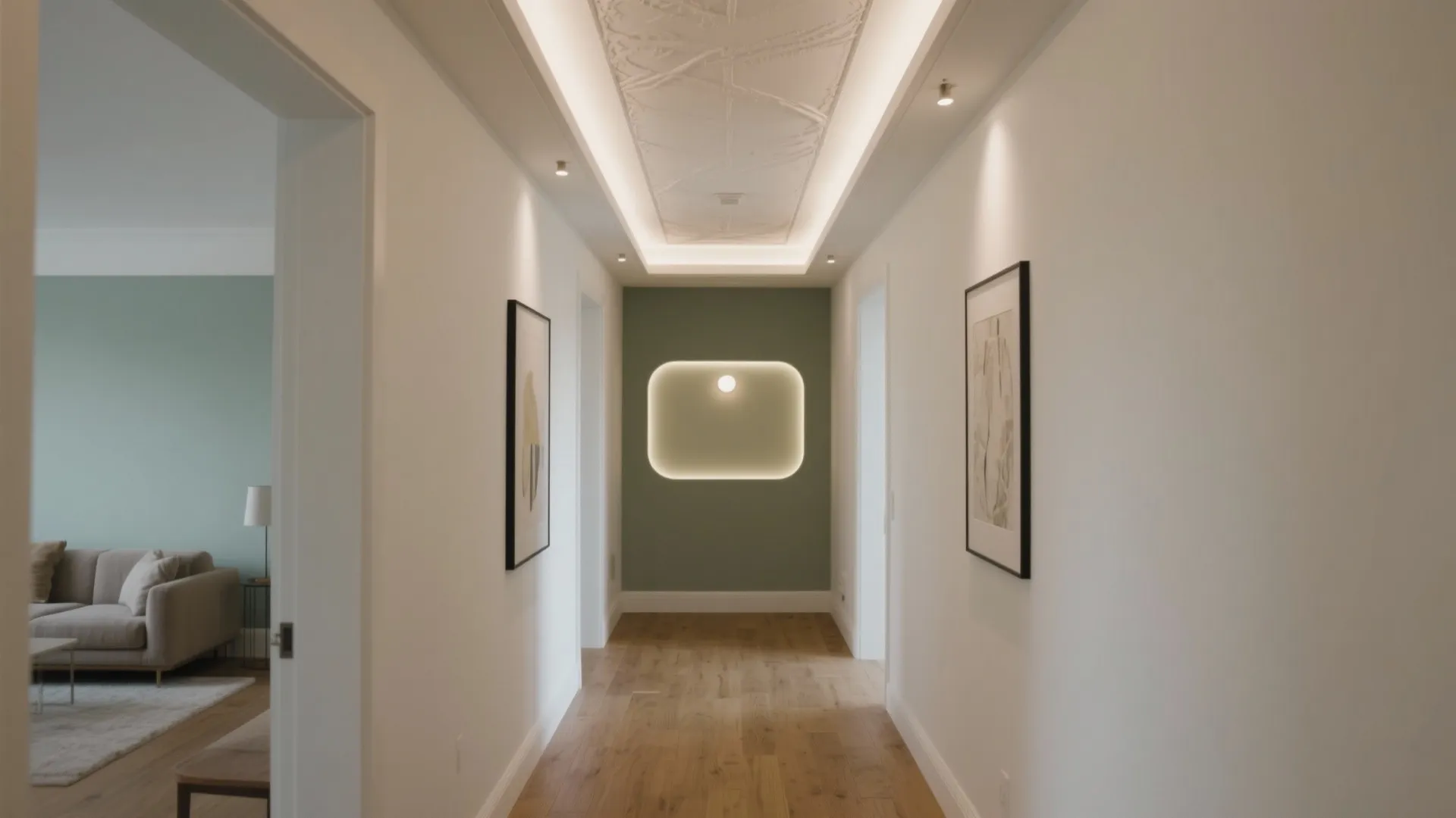 Modern hallway with wooden floors white walls green accent wall and glowing recessed ceiling light