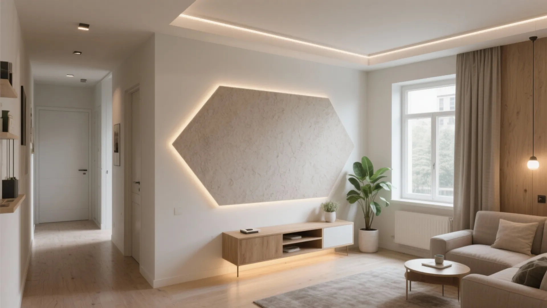 Modern living room featuring hexagon wall panel with lights wooden cabinet green plant and sofa