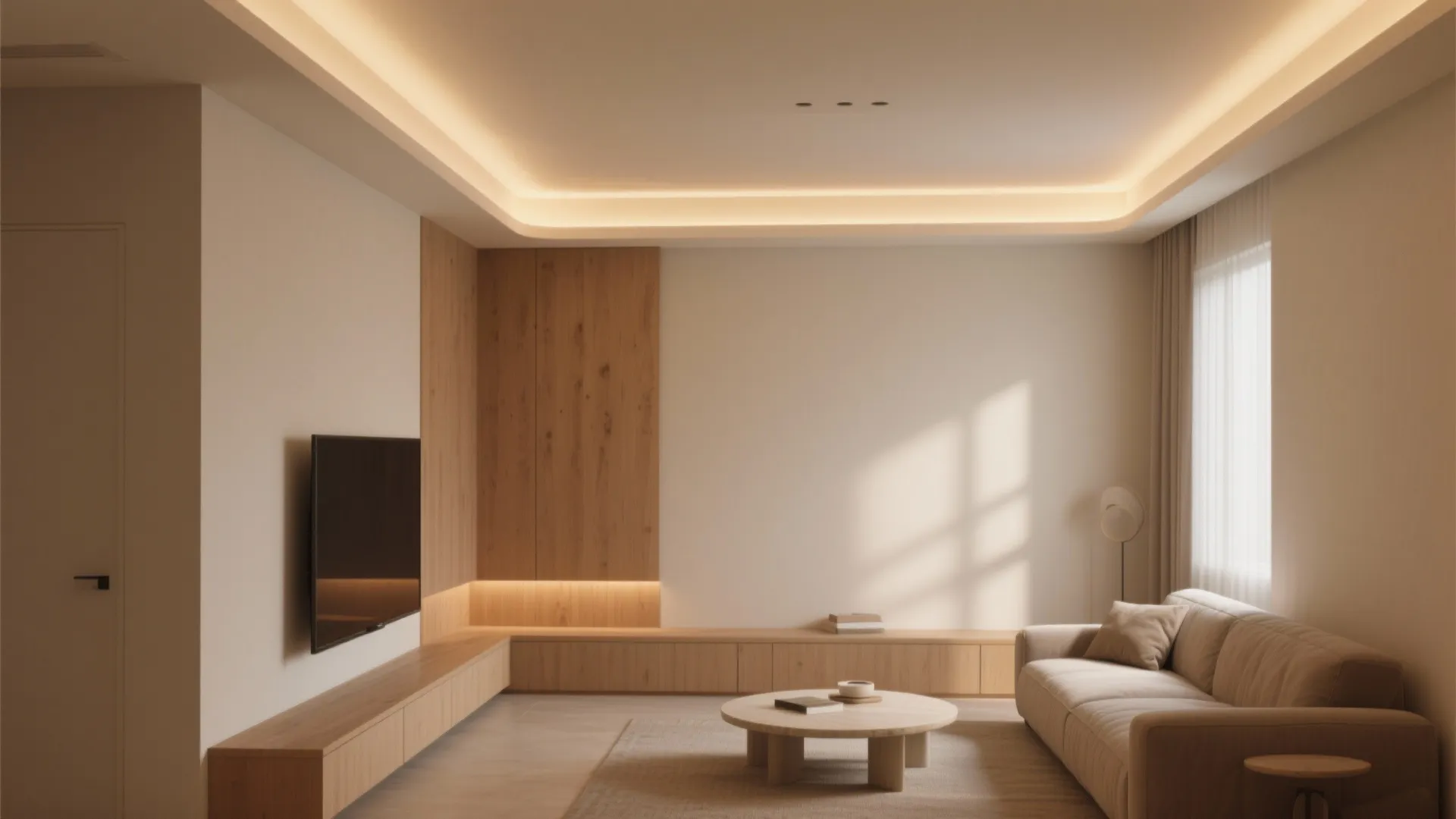 Modern living room with a cream sofa wooden cabinet round coffee table and hidden lighting