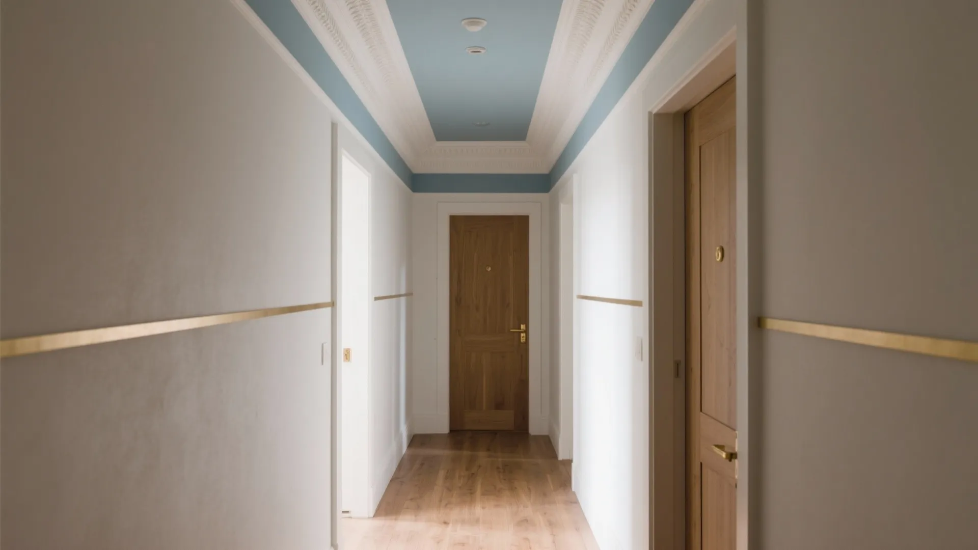 Modern hallway with blue painted ceiling wooden doors gold wall trim and light brown wood flooring