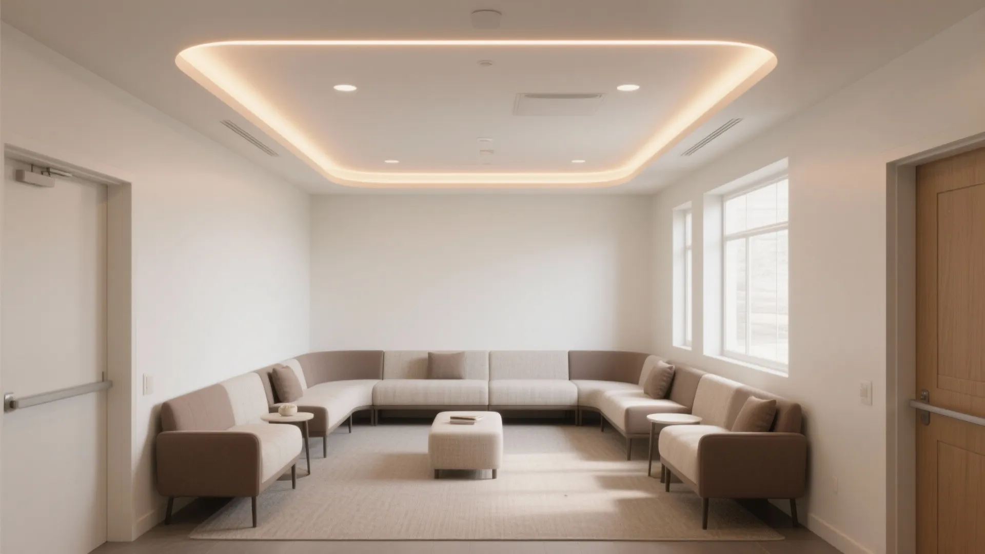Minimalist waiting area with large sectional sofa footrest windows and glowing recessed warm ceiling light