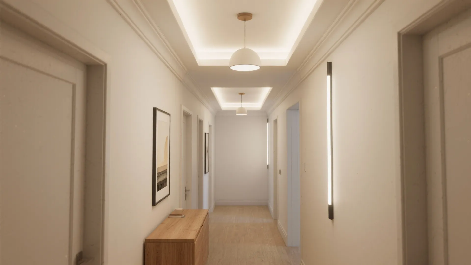 Minimalist hallway with white walls wooden cabinet ceiling light and long vertical wall light fixture design