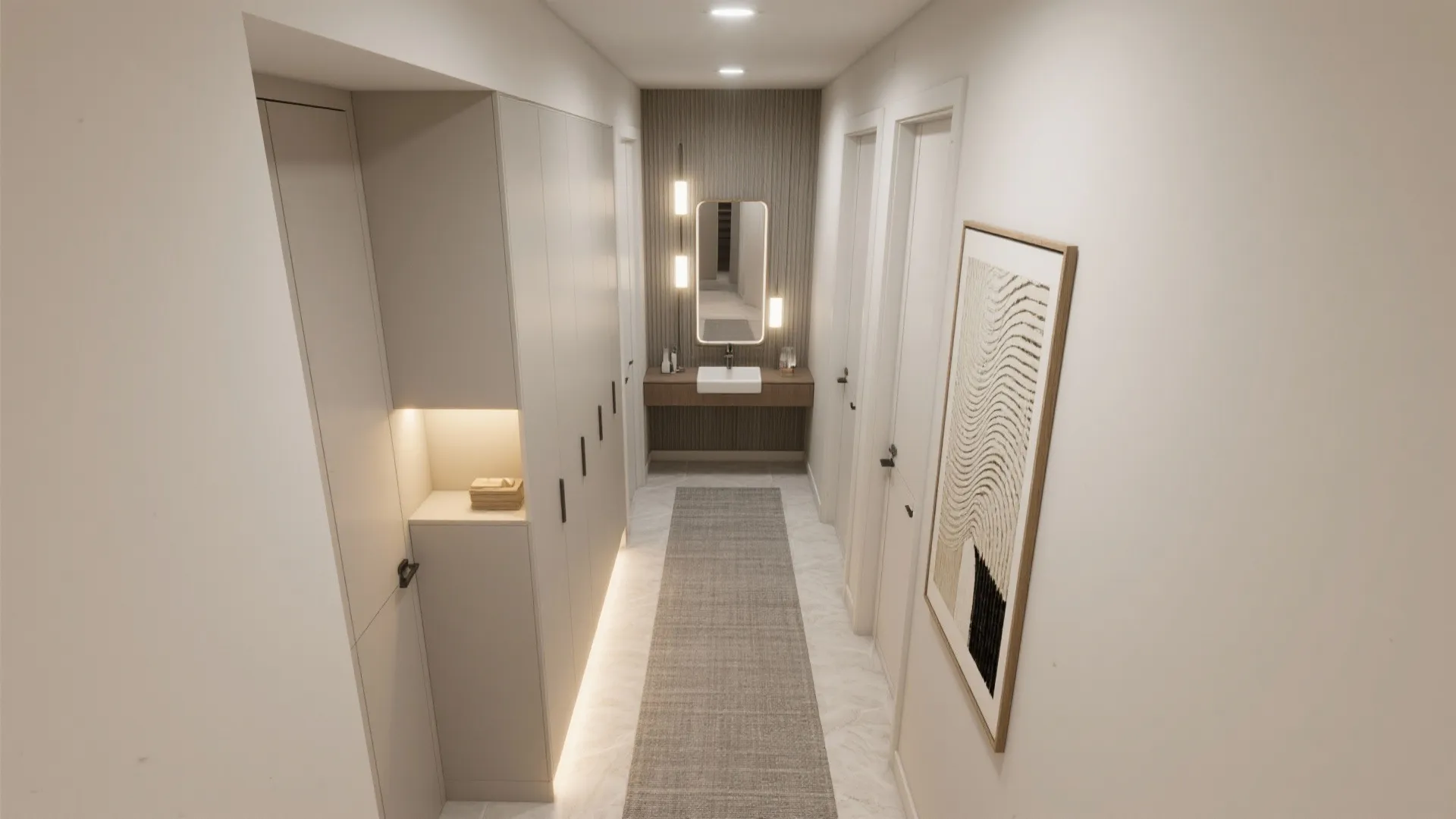 Top-down summary view of a small hallway plan combining storage, lighting, console, flooring, and art.