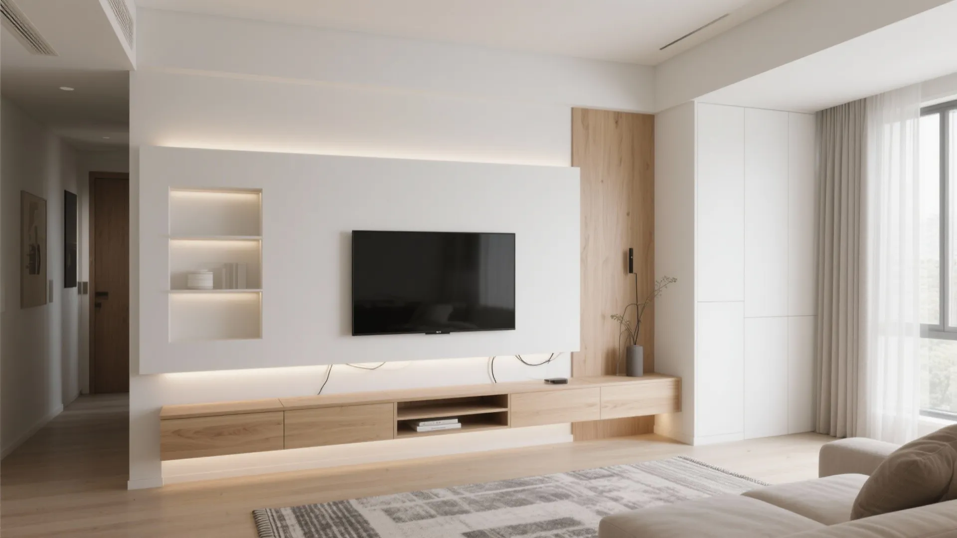 Minimalist living room featuring a wall mounted television white storage unit and natural wood cabinet