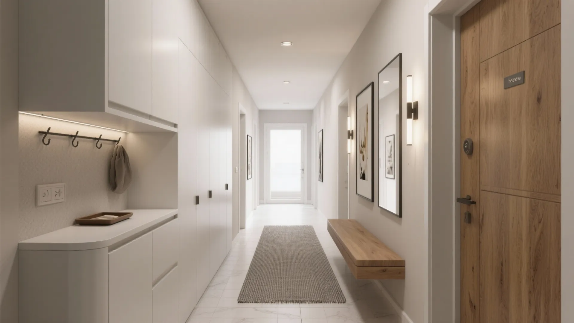 Modern white hallway featuring built-in cabinets, wooden bench, grey rug, wall lights, and framed art