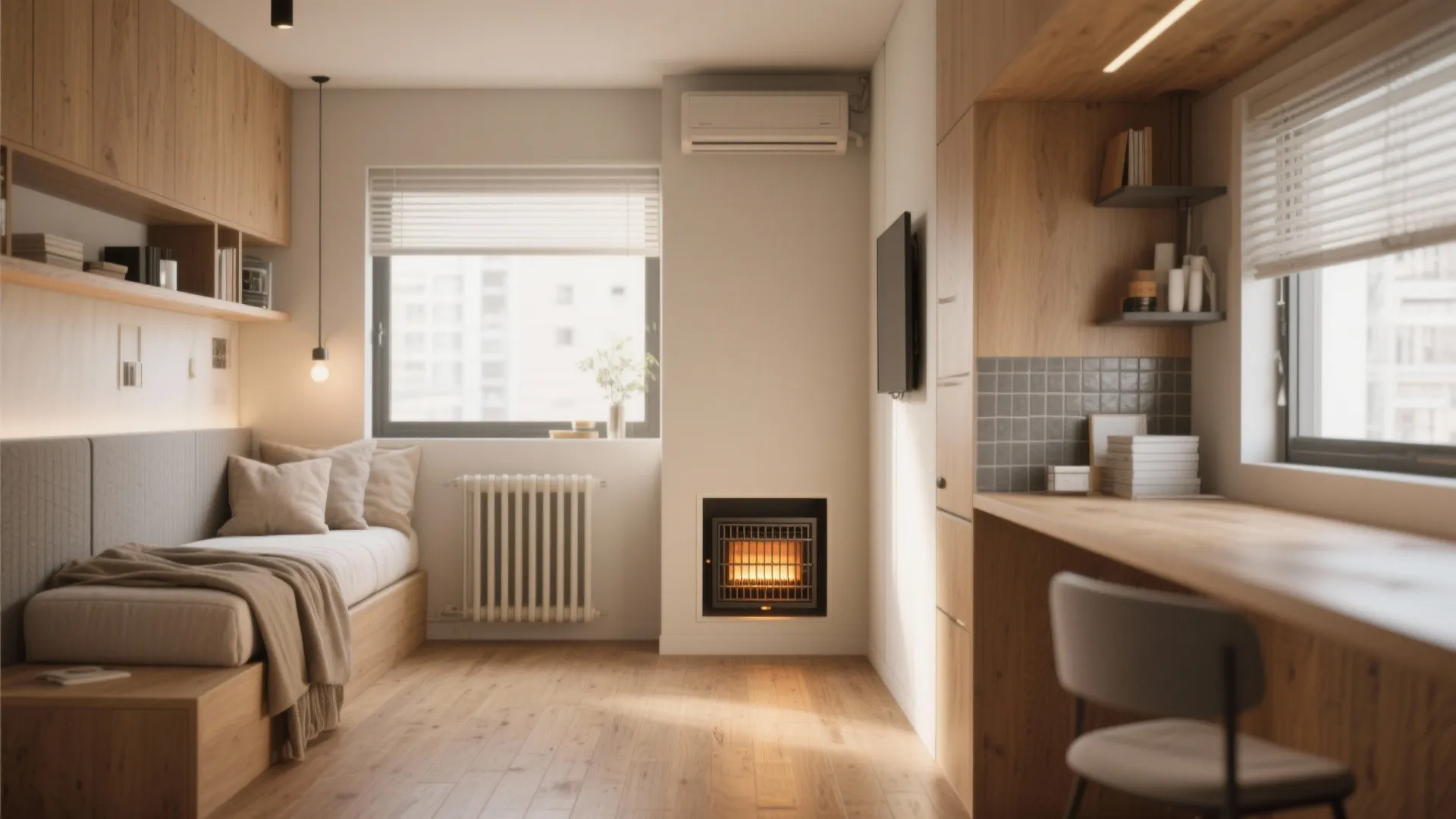 Modern small apartment interior with wooden cabinets integrated small fireplace wall heater and cozy window bed
