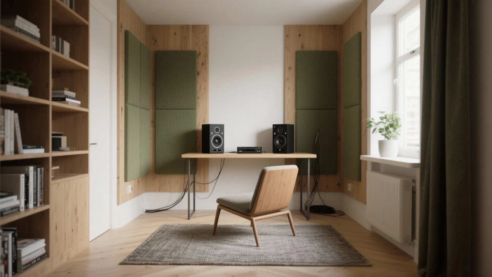 Minimalist home office with a simple desk speakers green wall panels and a wooden chair