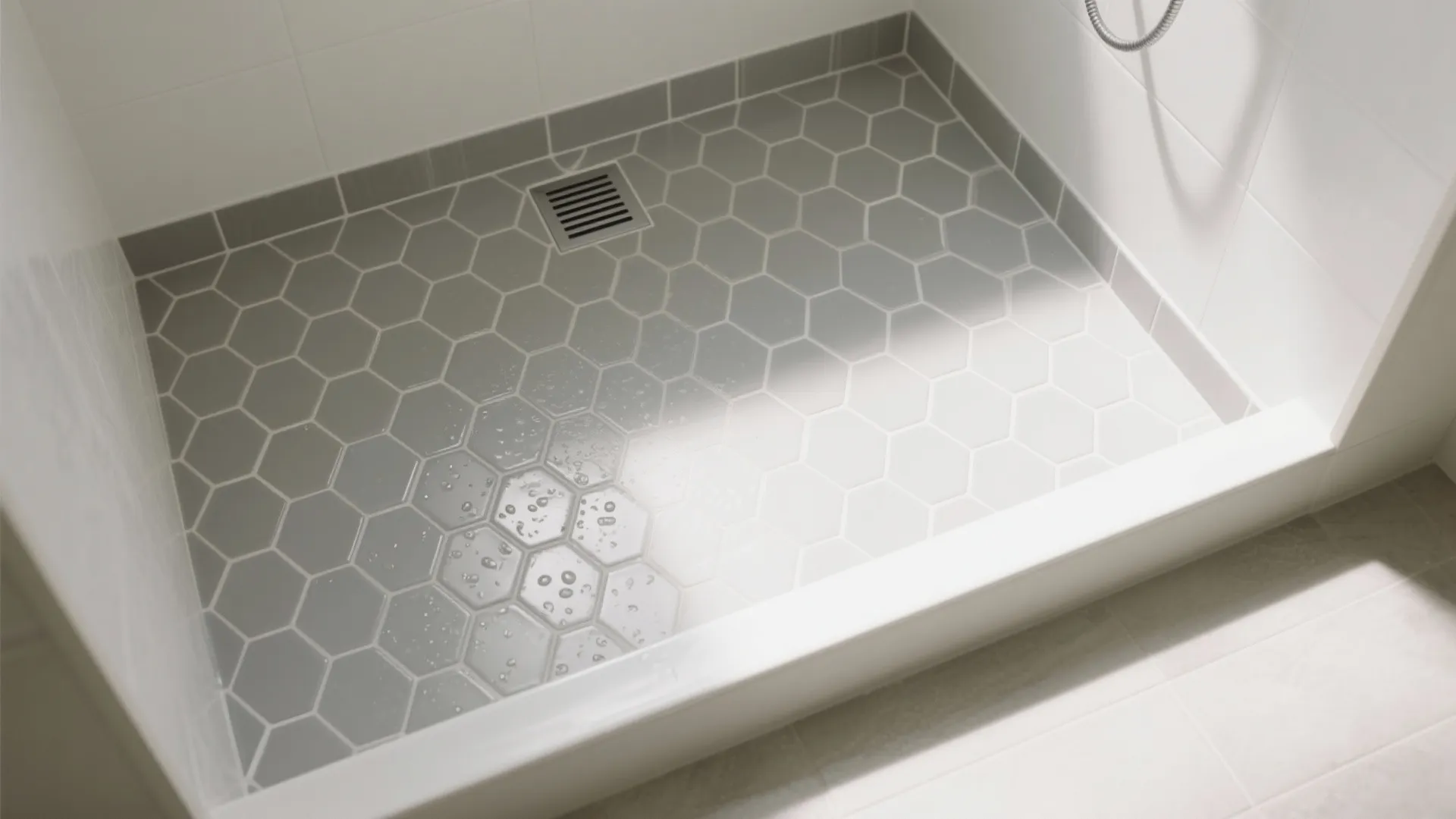 Modern walk in shower floor with grey hexagon tiles white walls and a square drain