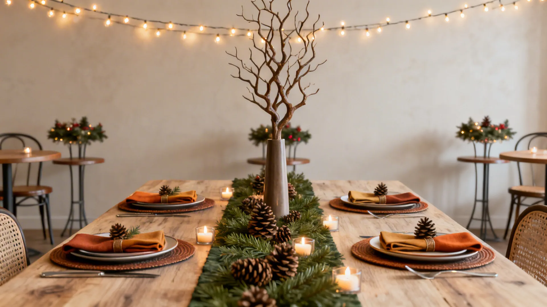 Festive wooden dining table with plates napkins pine cones candles and a tall brown branch vase