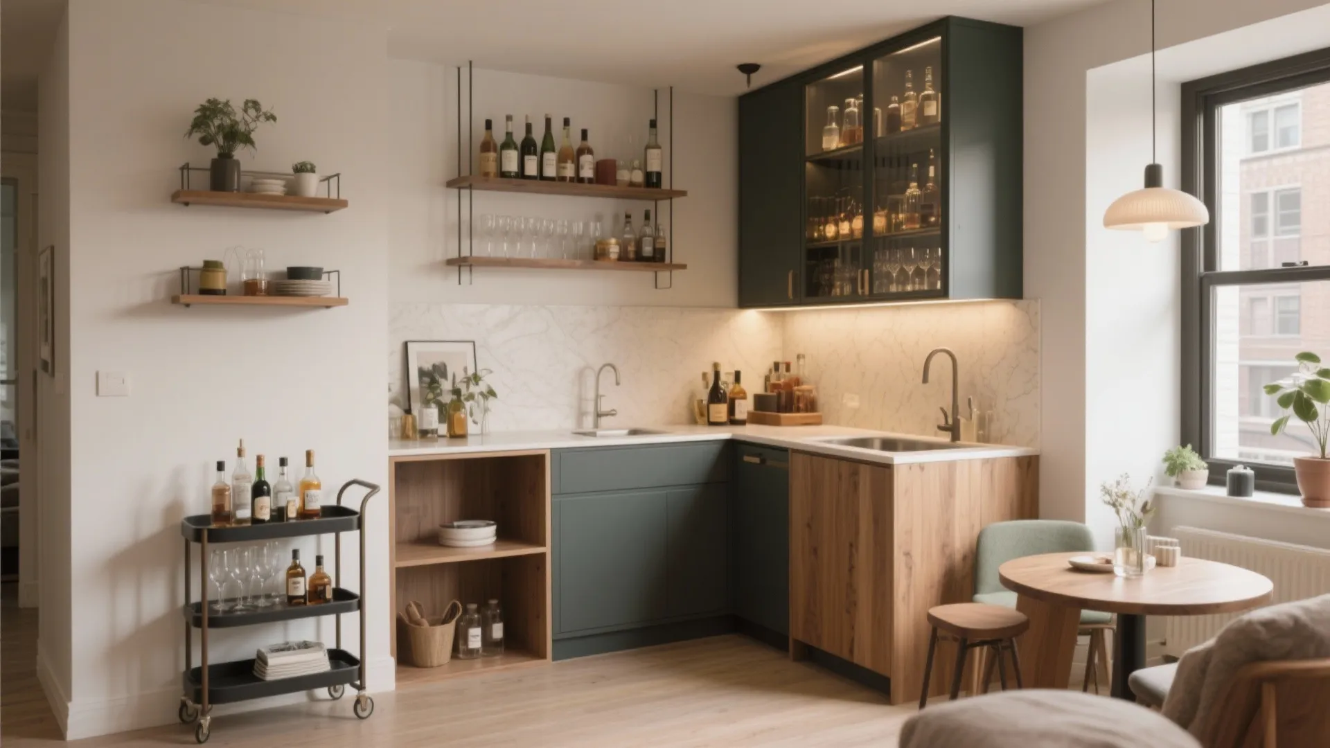 Modern home bar area featuring a black cart dark green cabinets and wooden dining table