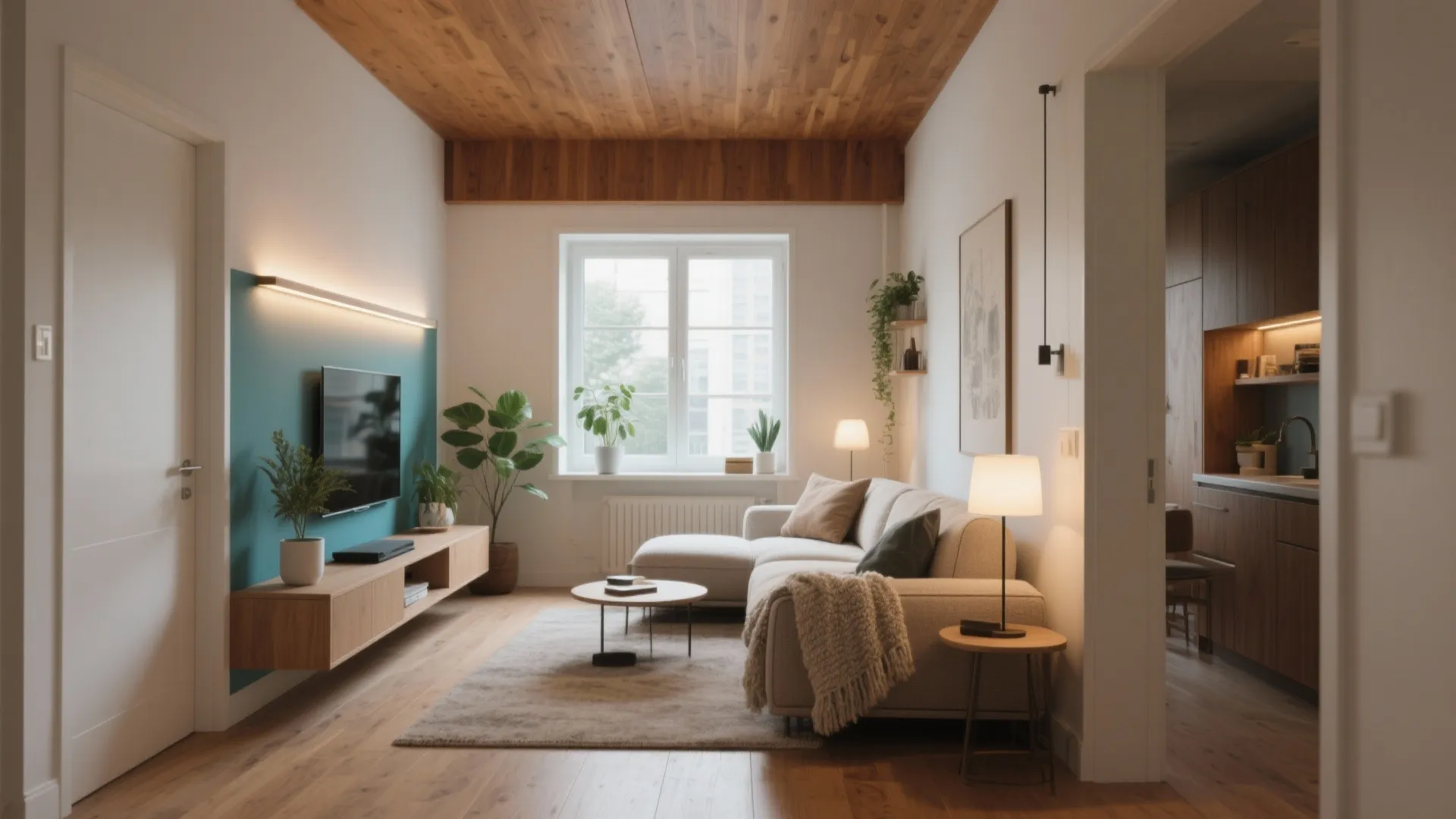 Modern small apartment living room with wood ceiling, grey sofa, round table, and green plants