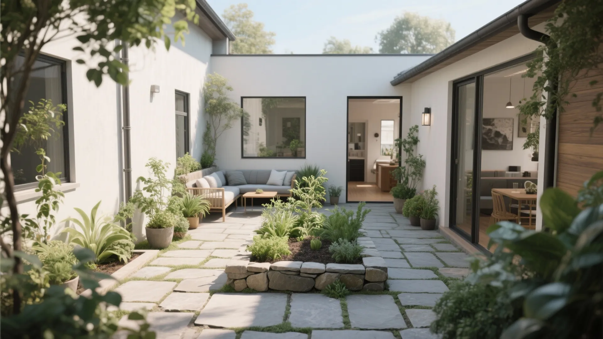 Outdoor courtyard with stone floor tiles green plants wood sofa small table and white wall background