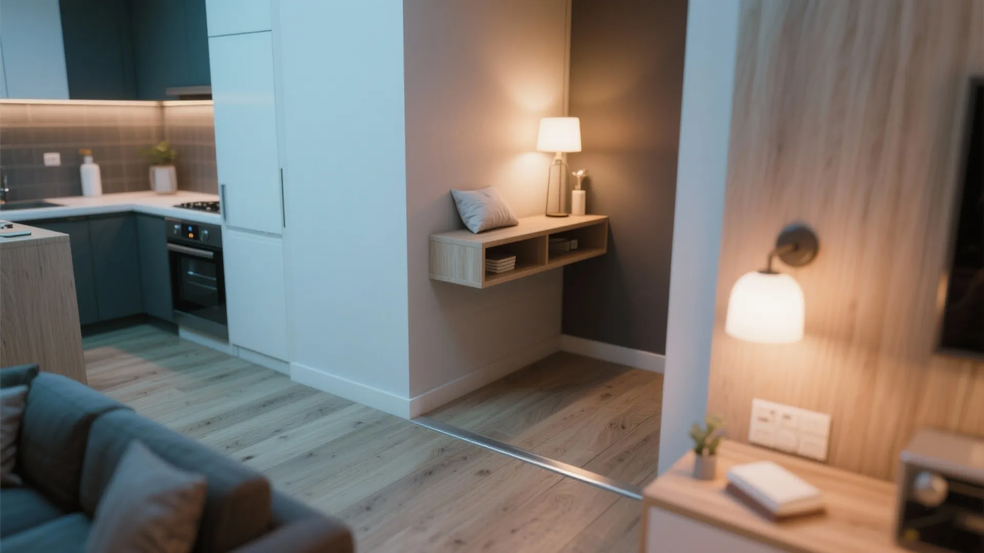 Modern apartment interior showing kitchen area with dark cabinets and lighted hallway with wooden shelf