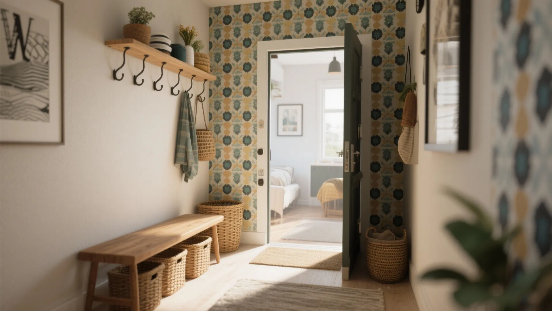 Compact home entryway with hooks, bench and bold wallpaper