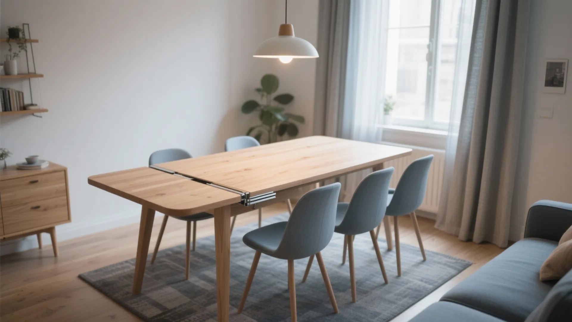 Wooden extendable dining table with four blue chairs placed on grey rug under ceiling light