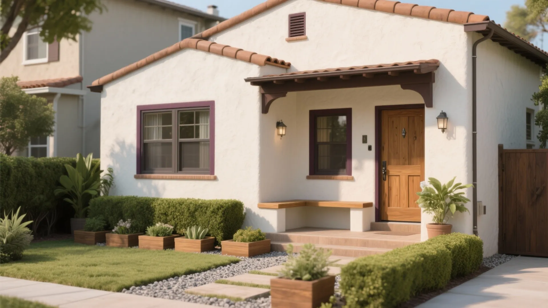 Small white house exterior with a brown wooden door and green bushes in front yard garden