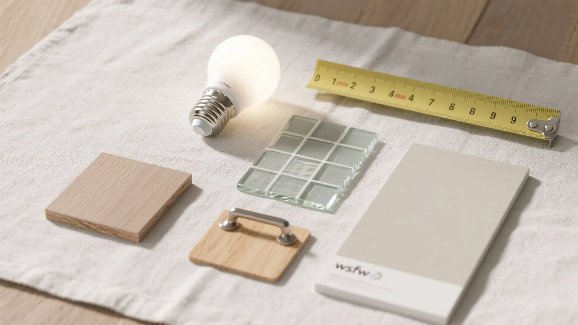 Interior design materials including light bulb measuring tape glass tiles wood samples and color palette