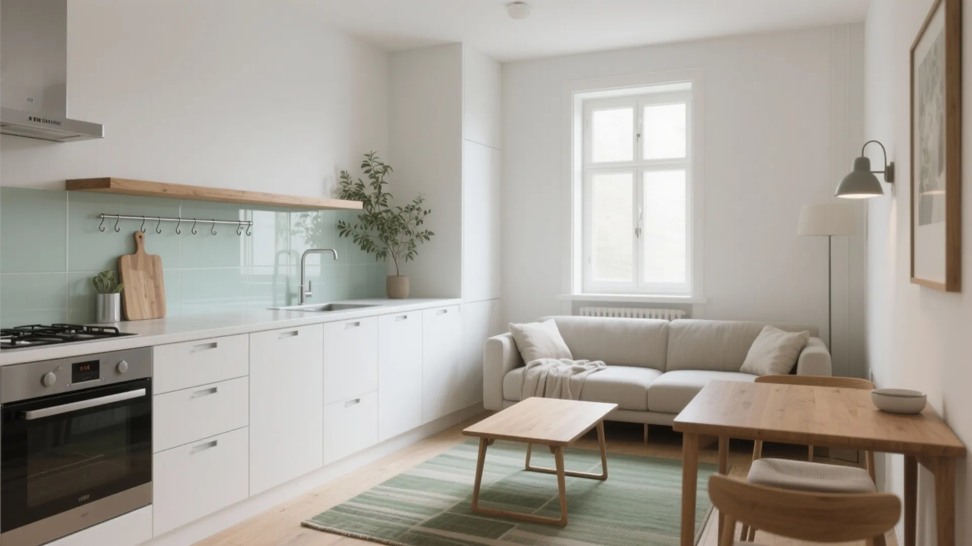 Modern open apartment with white kitchen cabinets, green backsplash, grey sofa, and wooden dining furniture