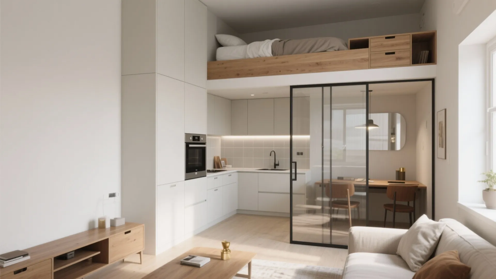 Modern small apartment with a loft bed over a white kitchen and glass sliding door