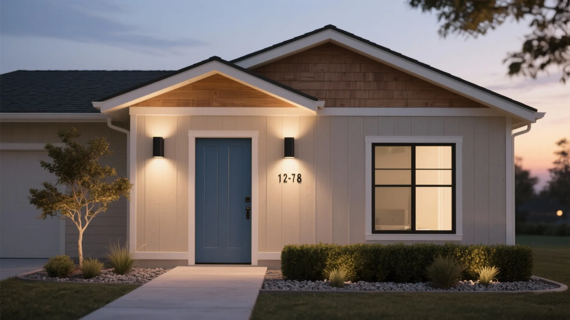 Modern home exterior with a blue front door, wall lights, green bushes, and concrete path