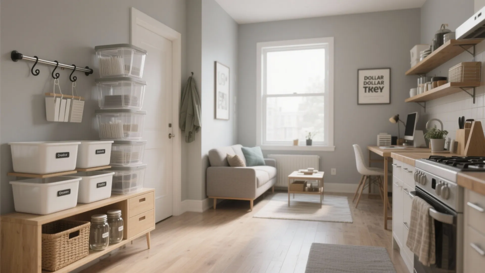 Small apartment interior design with grey walls wooden floor sofa desk and organized kitchen storage