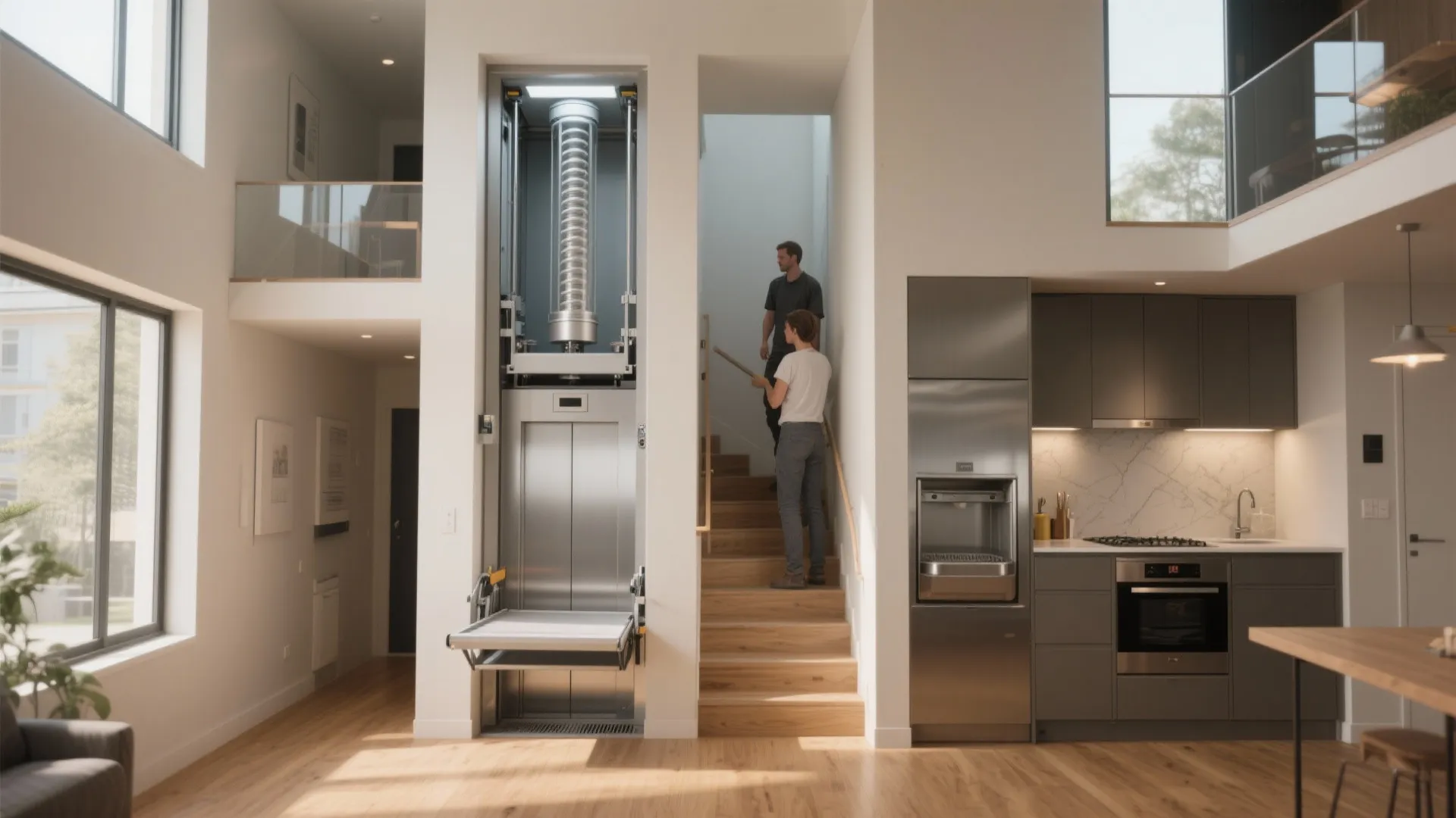 Modern white home with small lift next to wooden stairs and a grey kitchen area